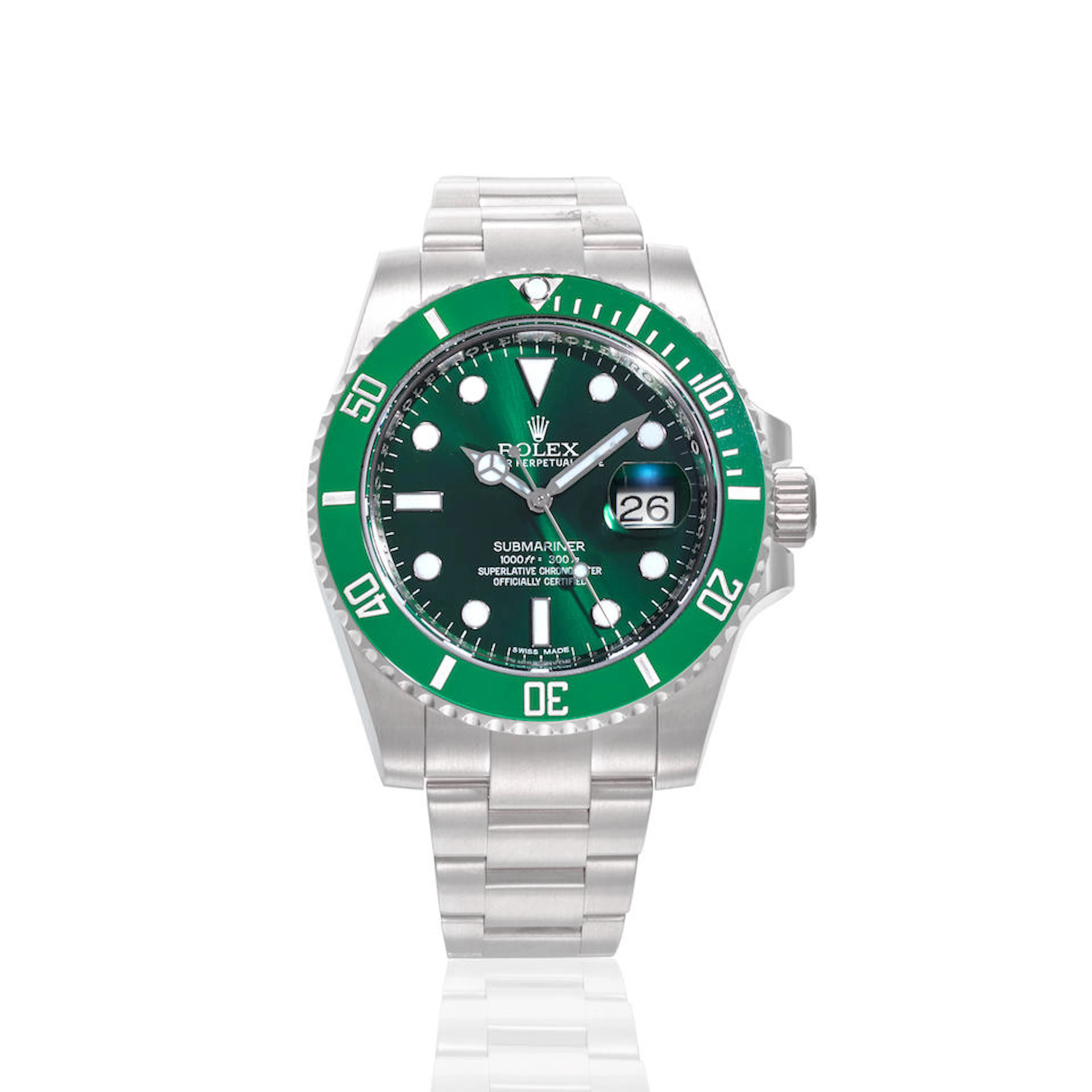 ROLEX. A STAINLESS STEEL AUTOMATIC CALENDAR BRACELET WATCH Submariner "Hulk"