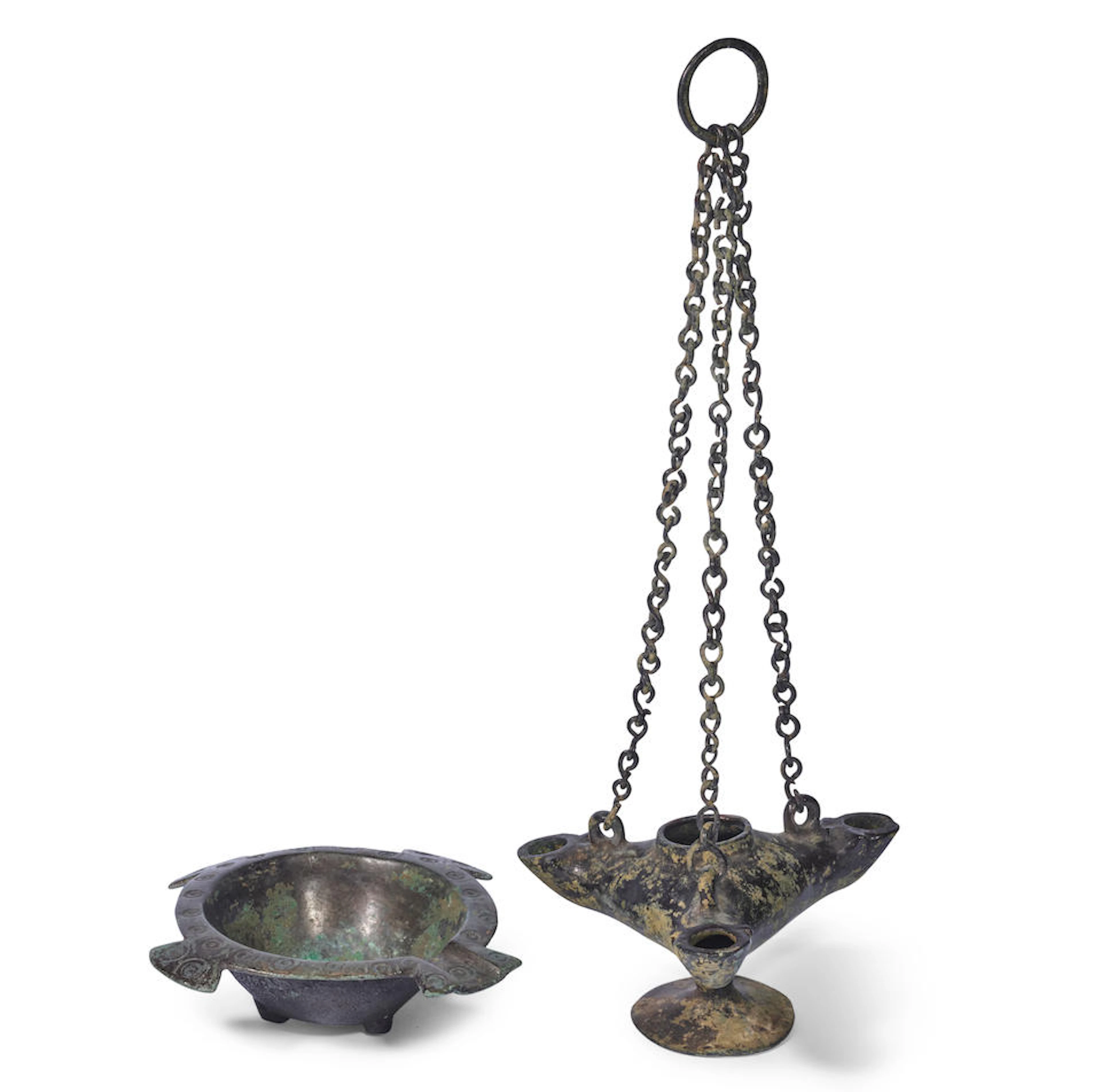A RARE SET OF ARCHAIC BRONZE OIL LAMP AND OIL DROPPER Song/Yuan Dynasty