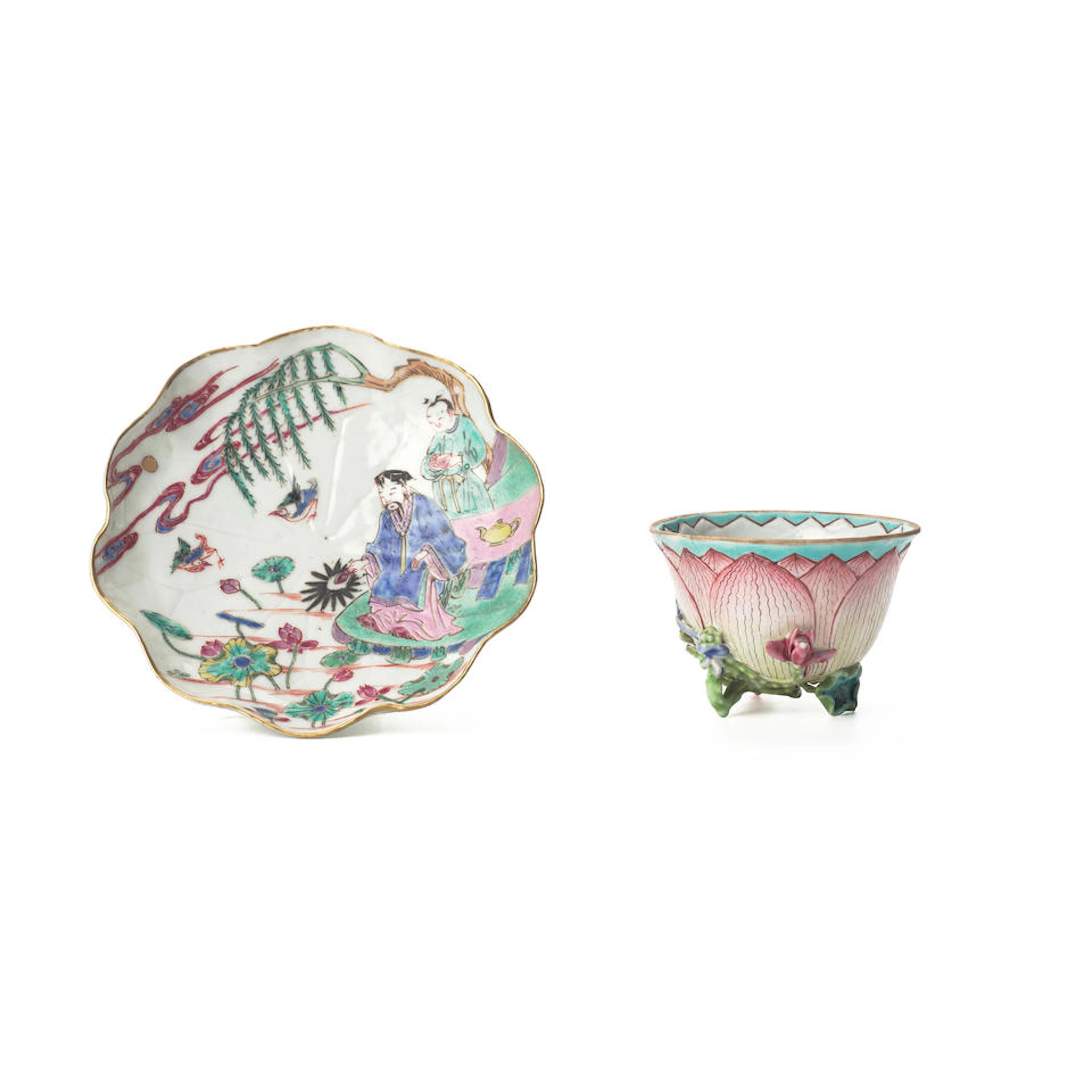 AN EARLY FAMILLE ROSE 'LOTUS' TEABOWL AND SAUCER Late...