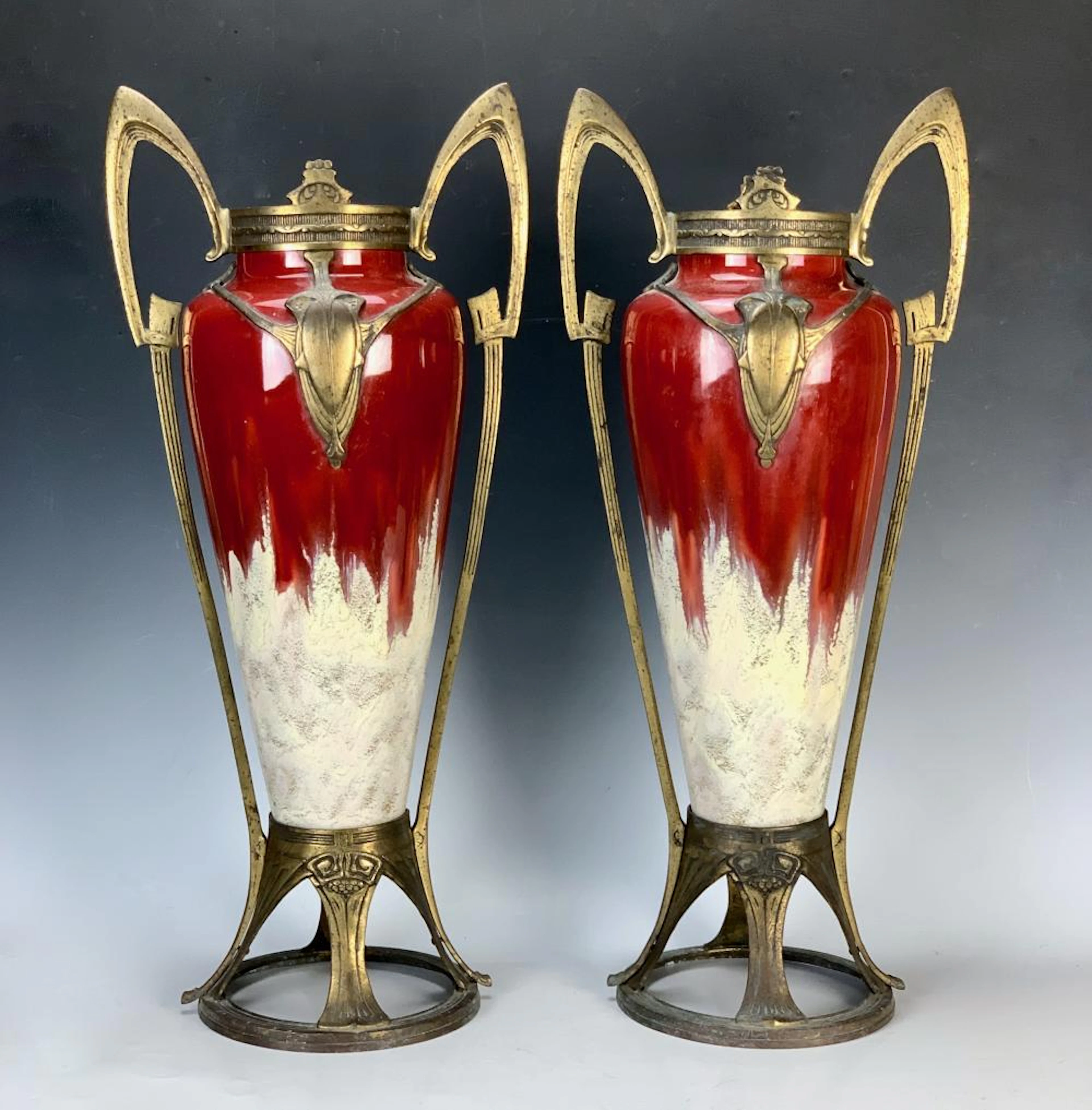 Pair Otto Eckmann Jugendstil Vases w Bronze Mounts