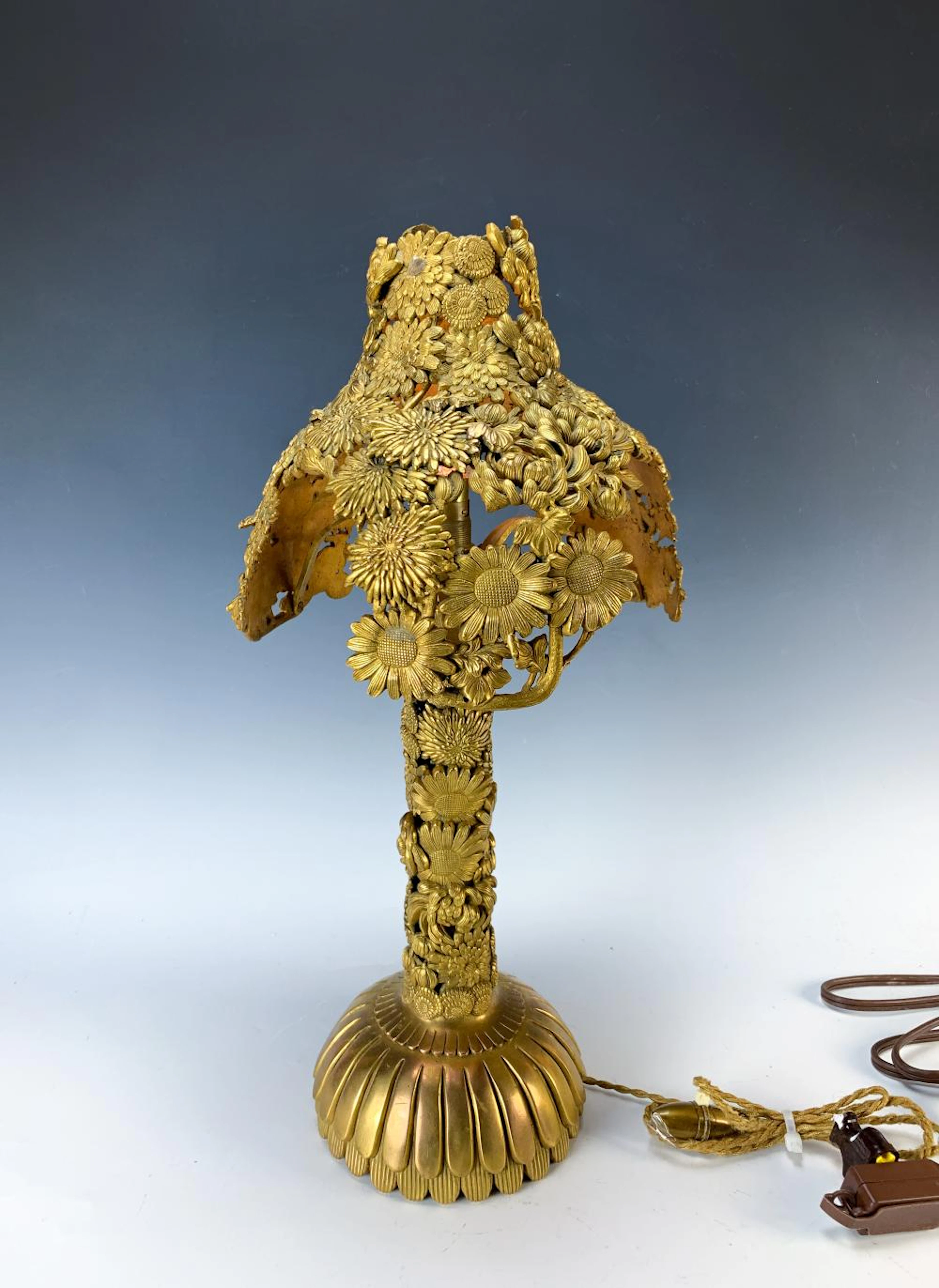 Art Nouveau Gilt Chiseled Bronze "Flowers" Lamp