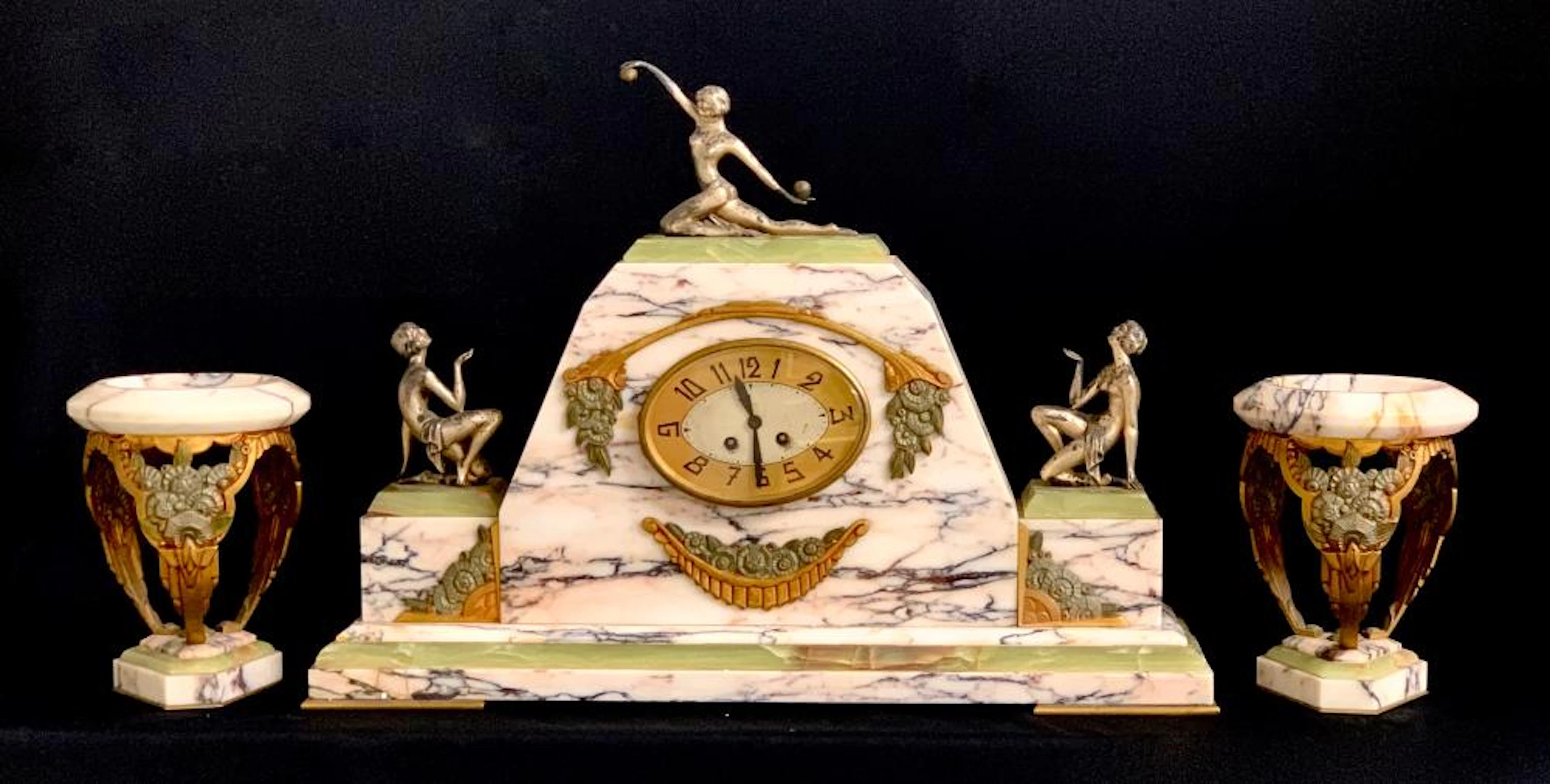Art Deco Marble Gilded & Silvered Bronze Clock