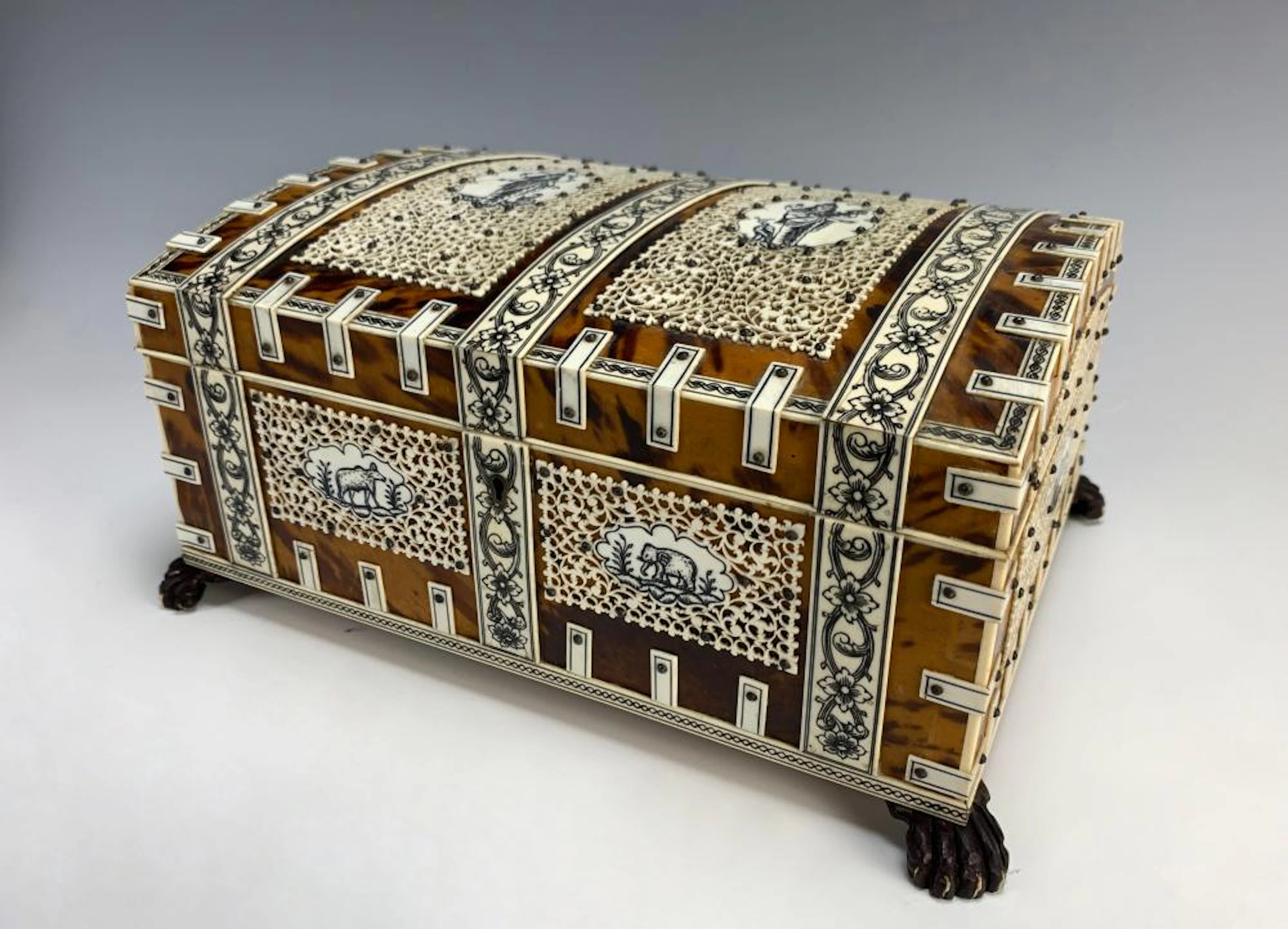 Very Large Anglo-Indian Tortoise Shell And Bone Sewing Box