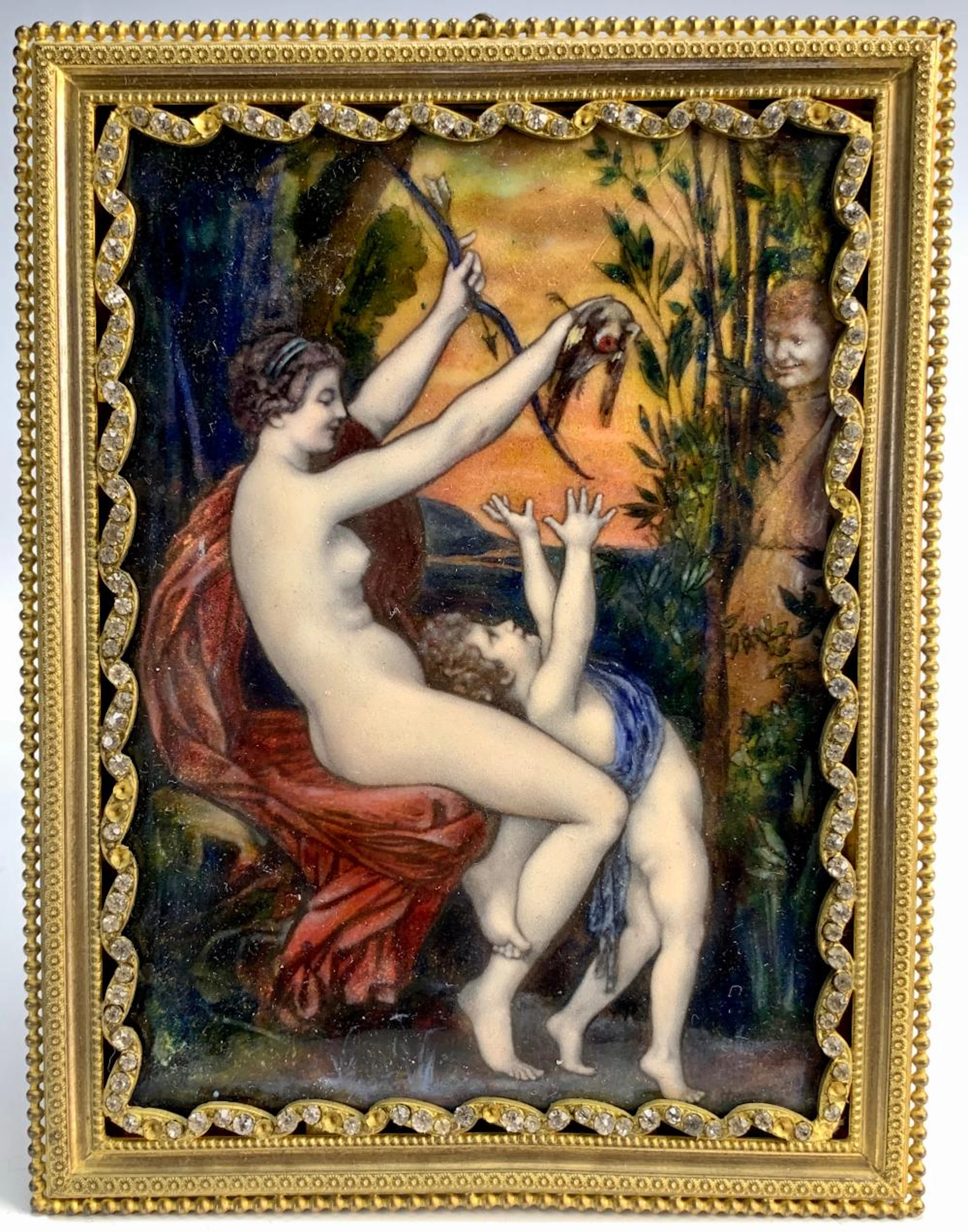 Limoges Enamel "Nude w/ Putti" in Jeweled Frame