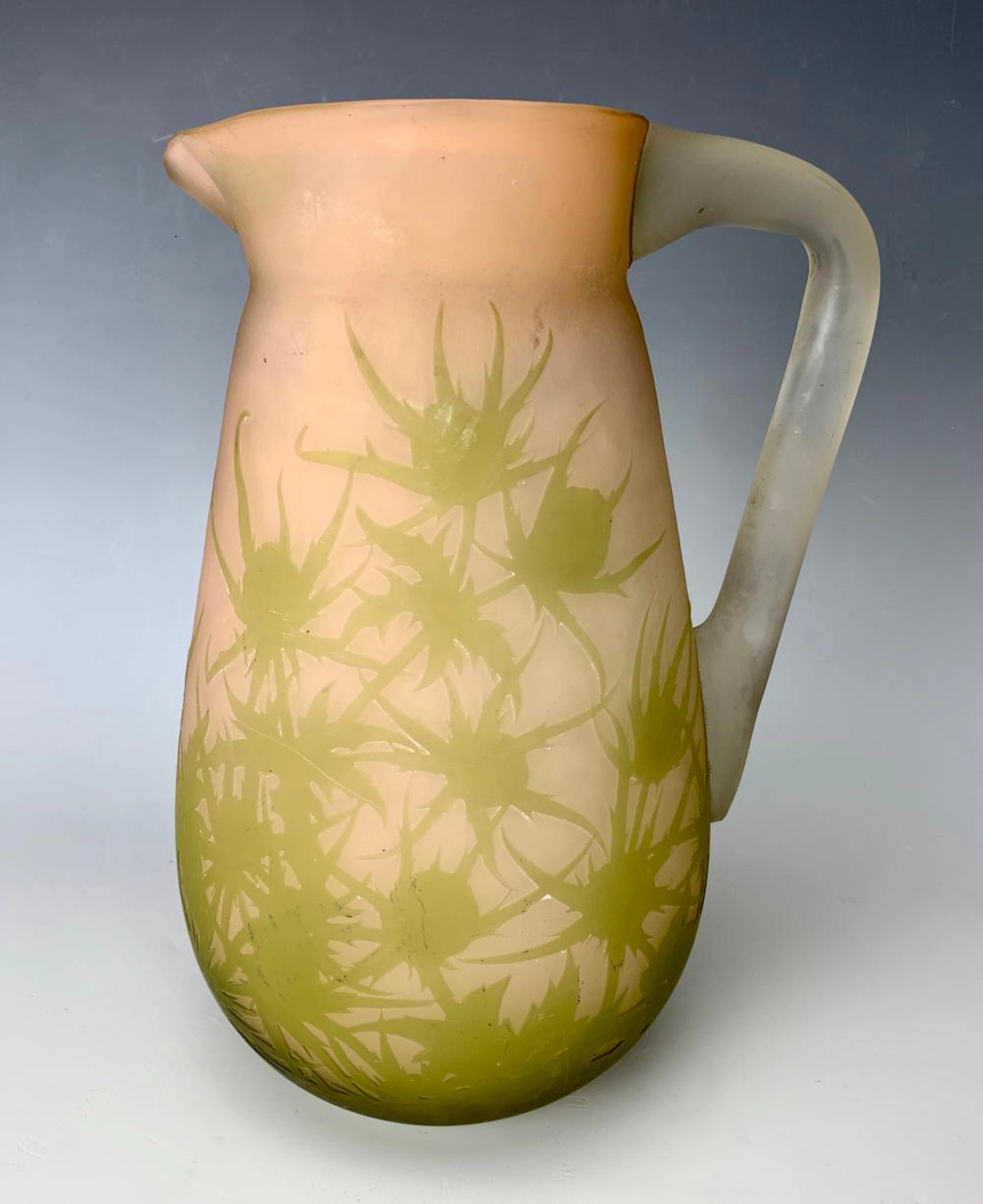 Large Daum Nancy Cameo Glass Thistle Pitcher