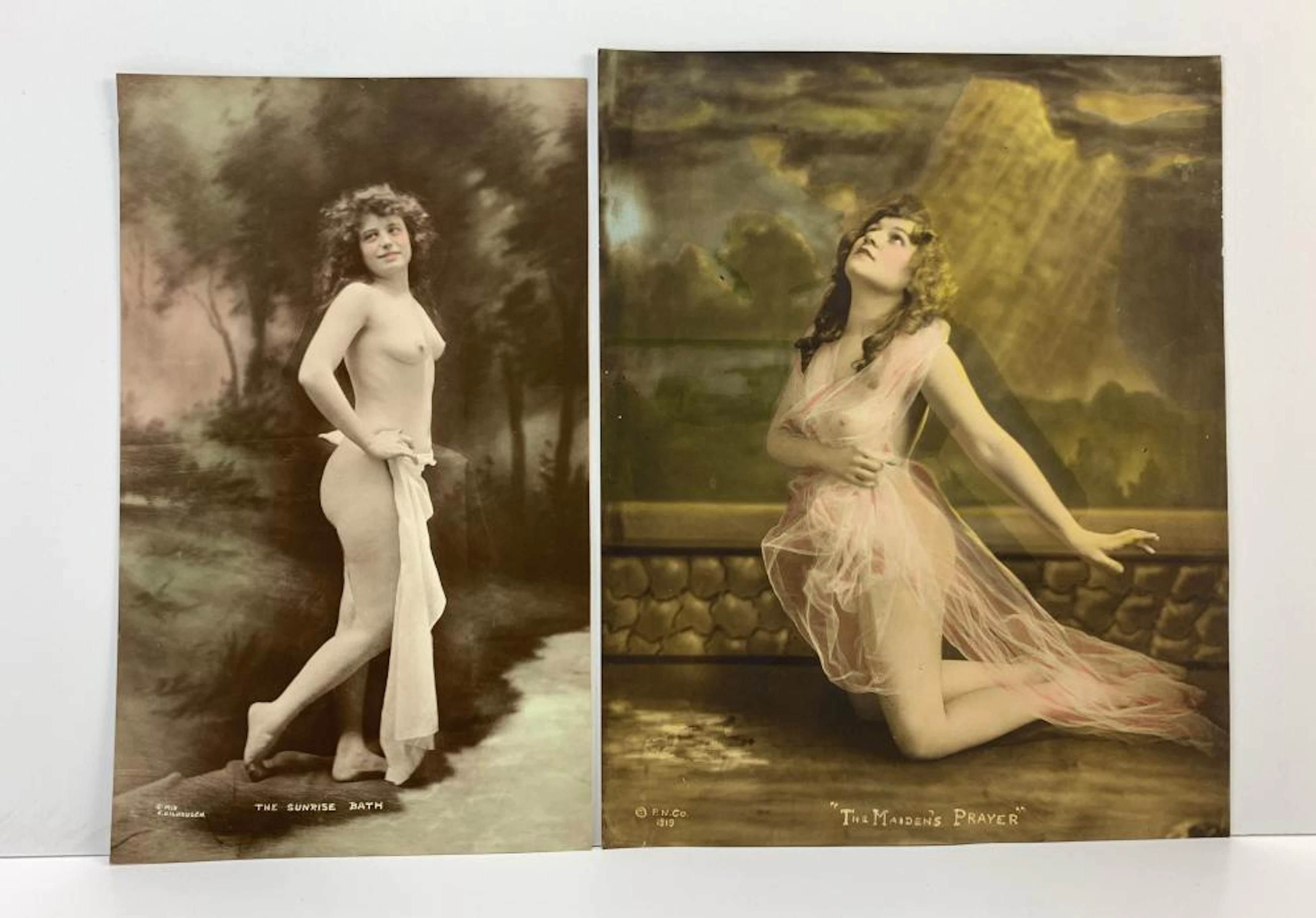 Pair Colored Tinted Nude Photos Dated 1919 & 1918