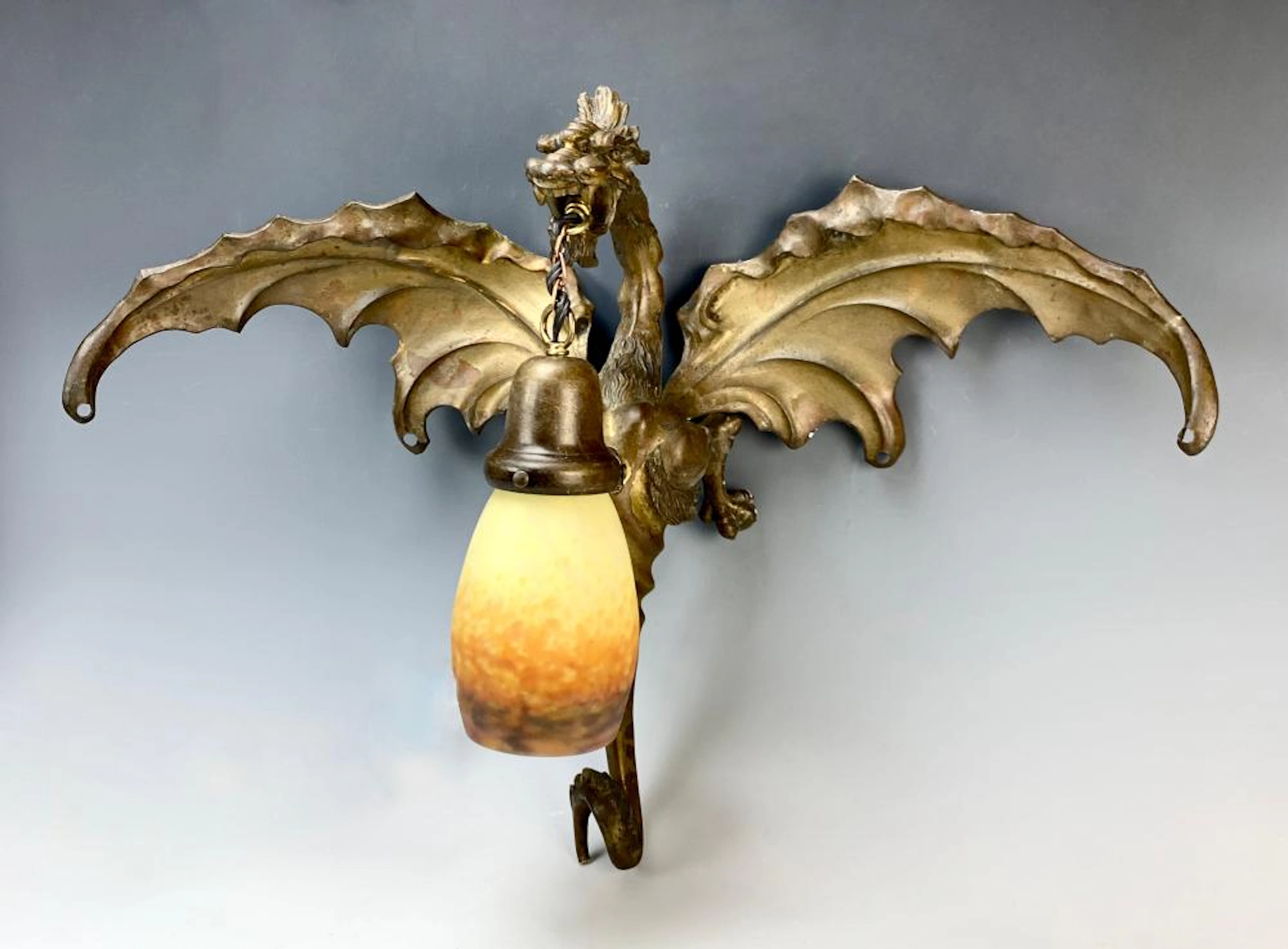 Late 19thC Winged Dragon Bronze w/Muller Shade