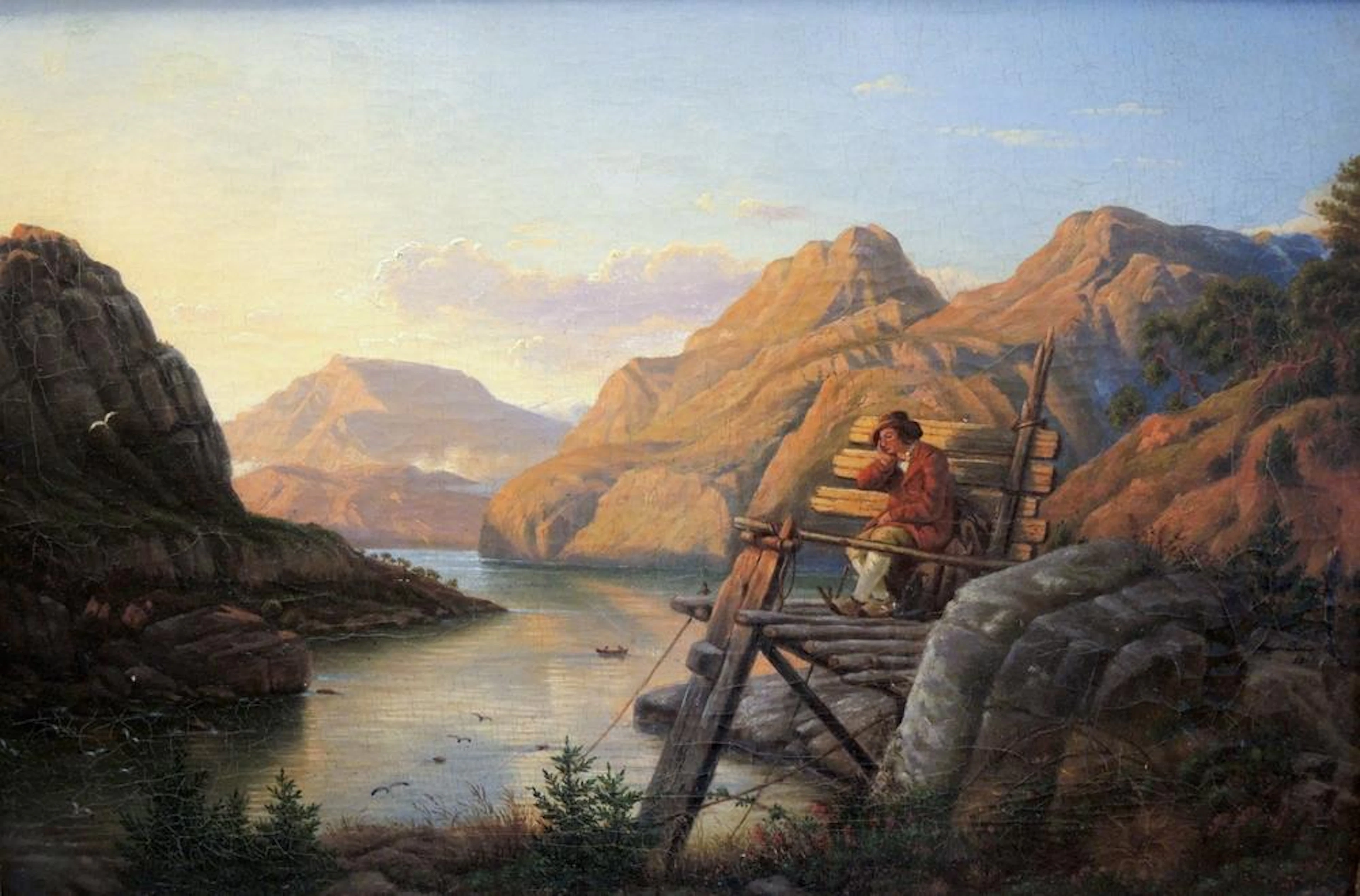 GEMÄLDE, Wanderer am Hochsitz.