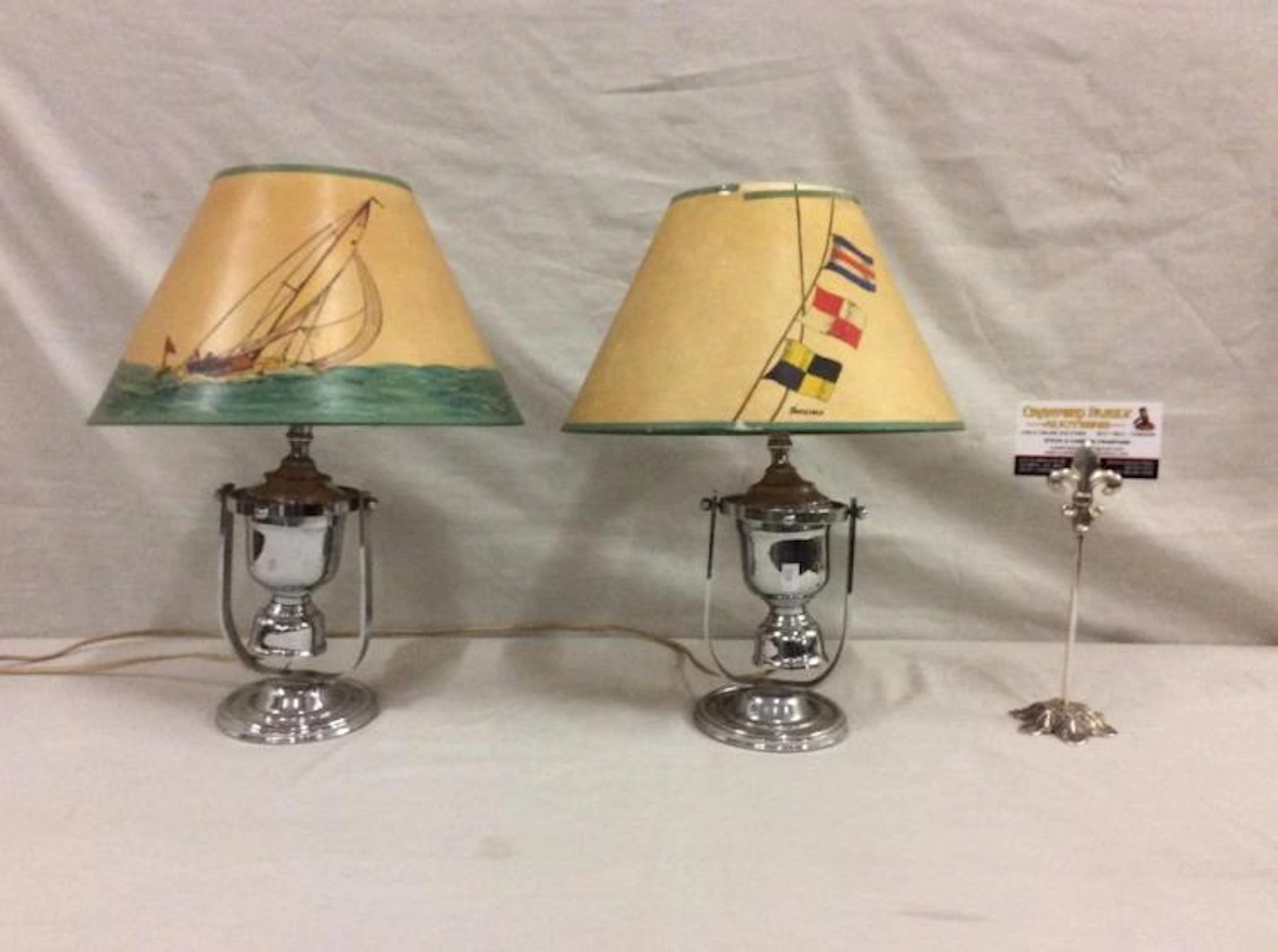Set of two mid century nautical ships scene lamps w/ hand painted shades