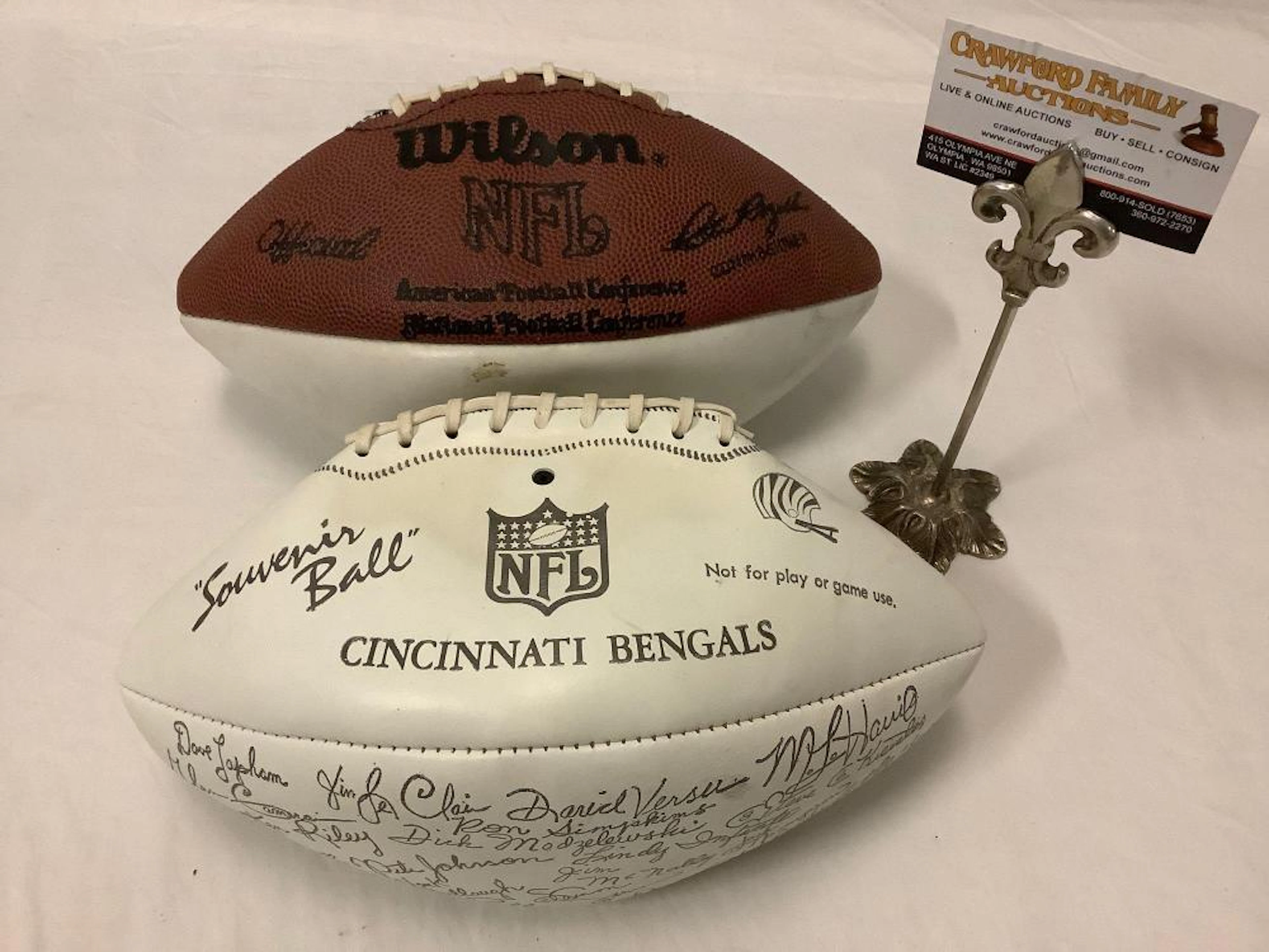 2 Official NFL footballs; Cincinnati Bengals Souvenir Ball & signed best wishes