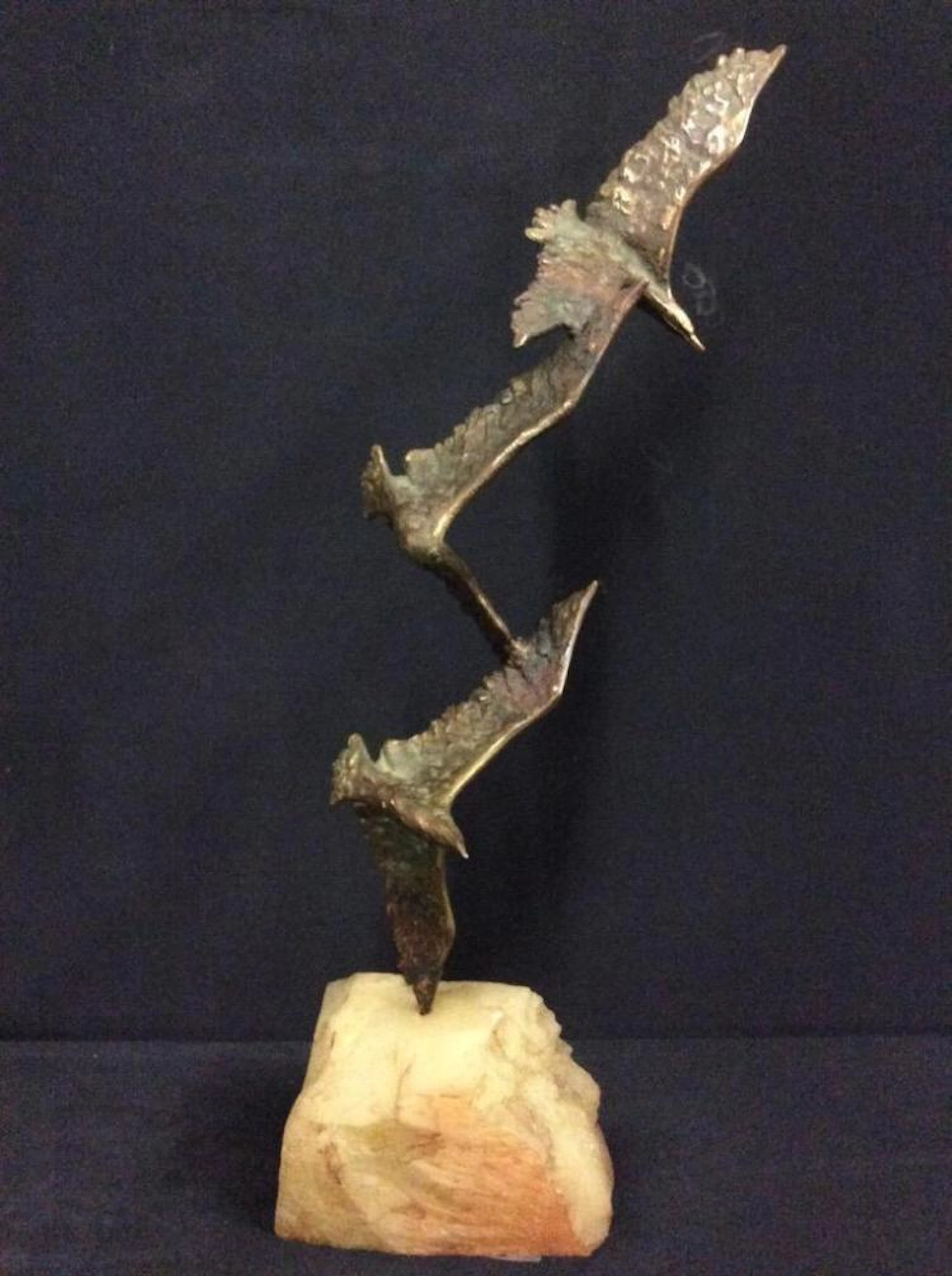 Gorgeous handmade Brass & stone base birds in flight sculpture