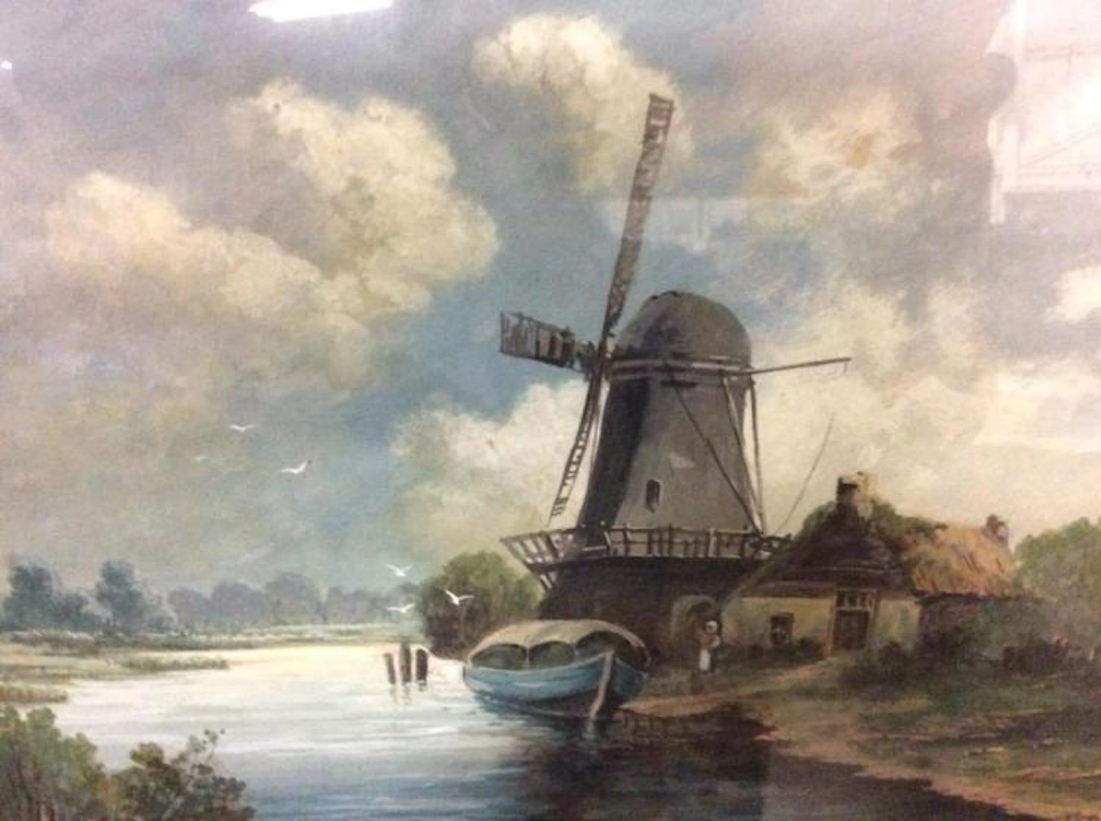 Vibrant windmill and river scene deco print with period frame