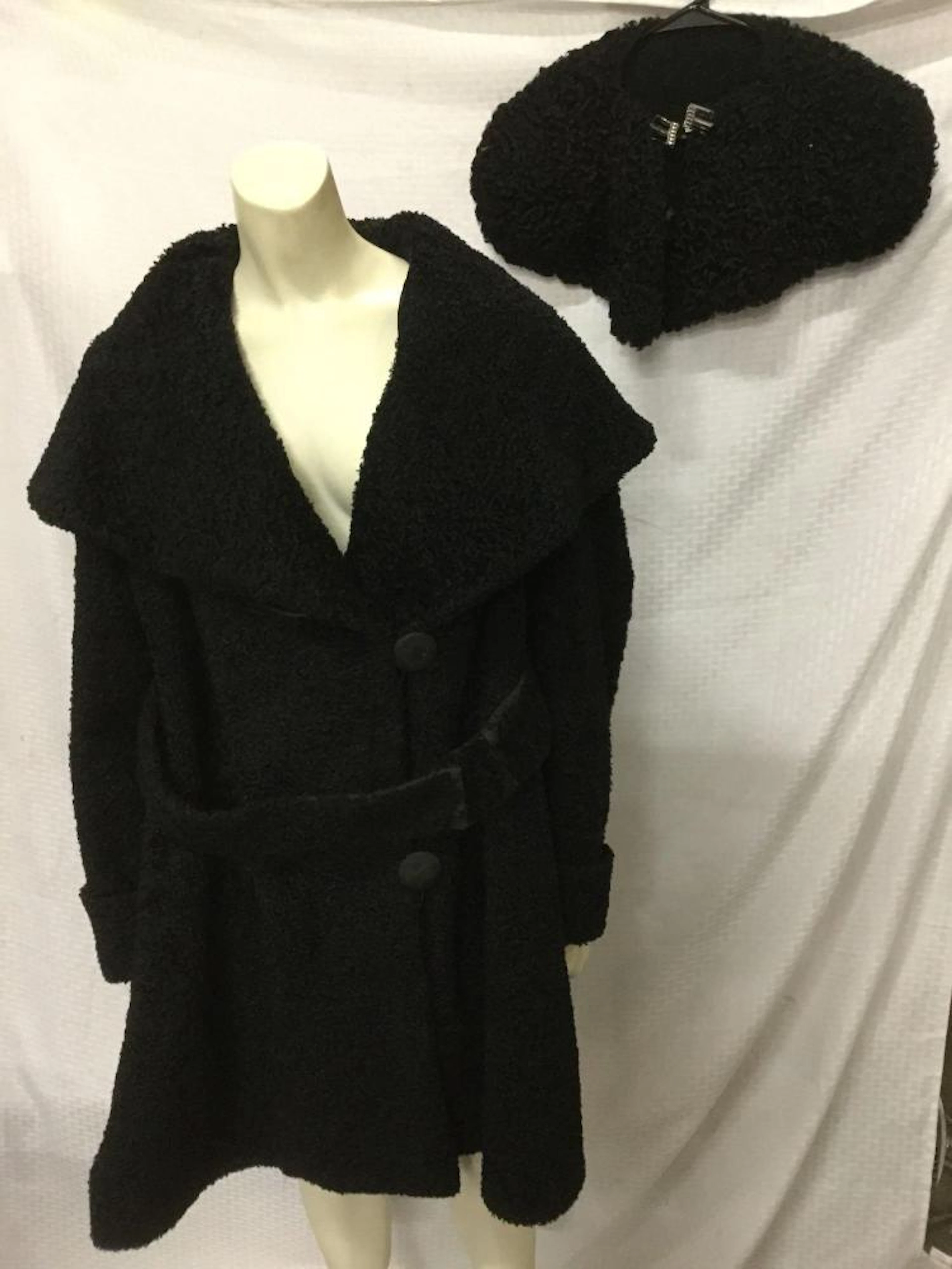 Black lamb curly fur overcoat and shoulder stole/wrap (one clasp needs repair)