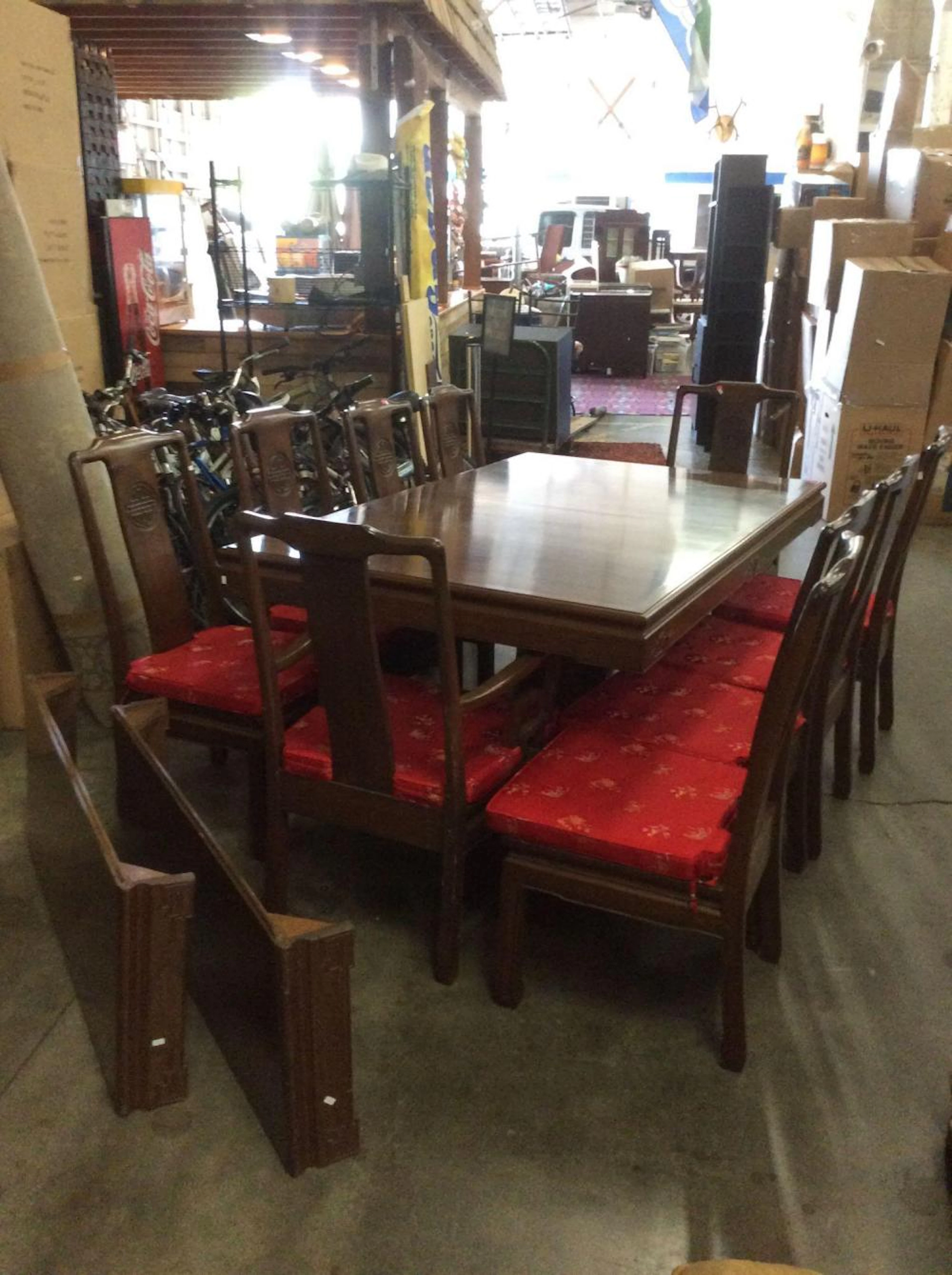 Vintage late 60's Asian influenced mahogany dining table set with 10 chairs