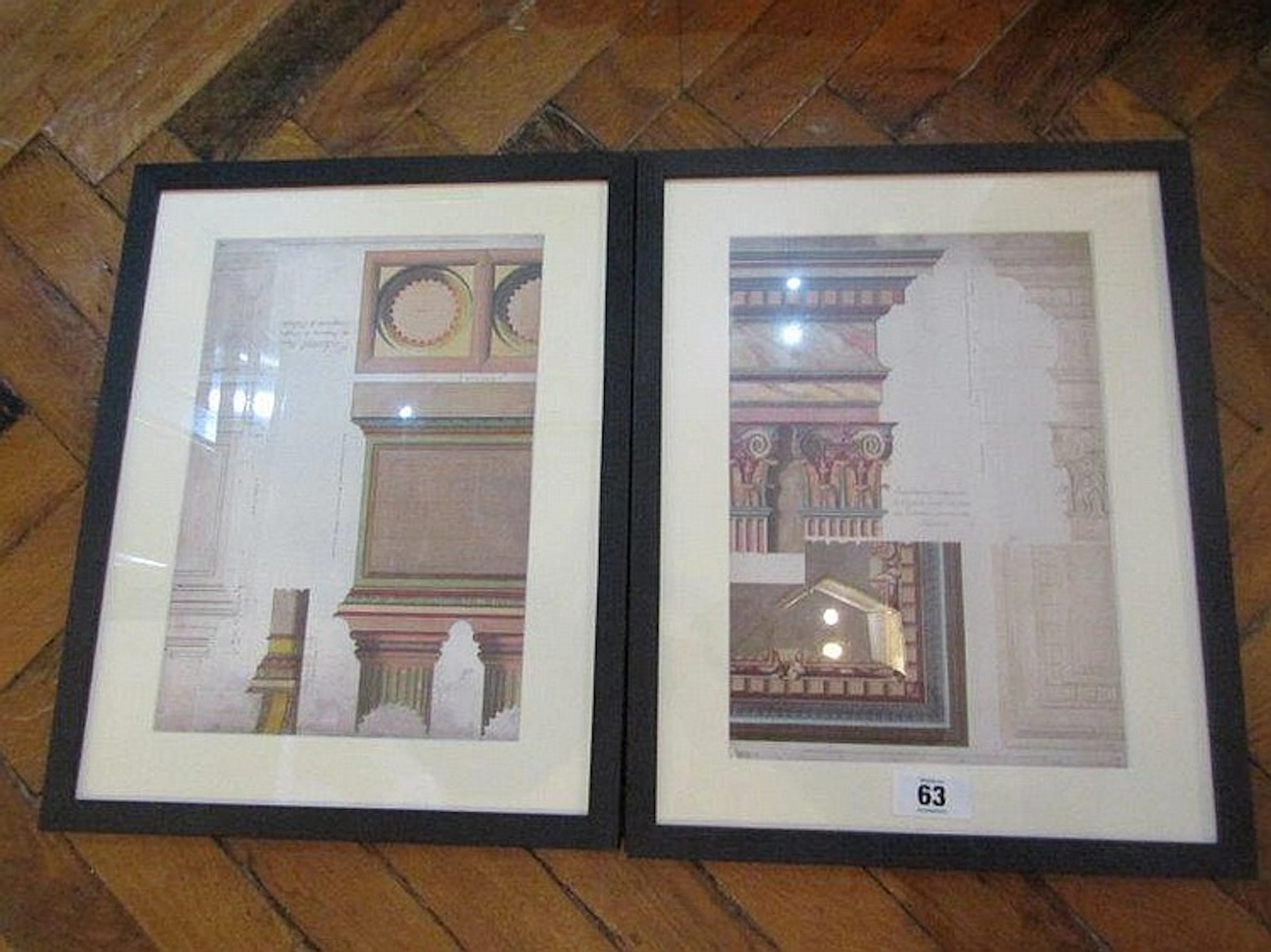 Set of Six Coloured Architectural Prints Each 25 Inches High x 23 Inches Wide