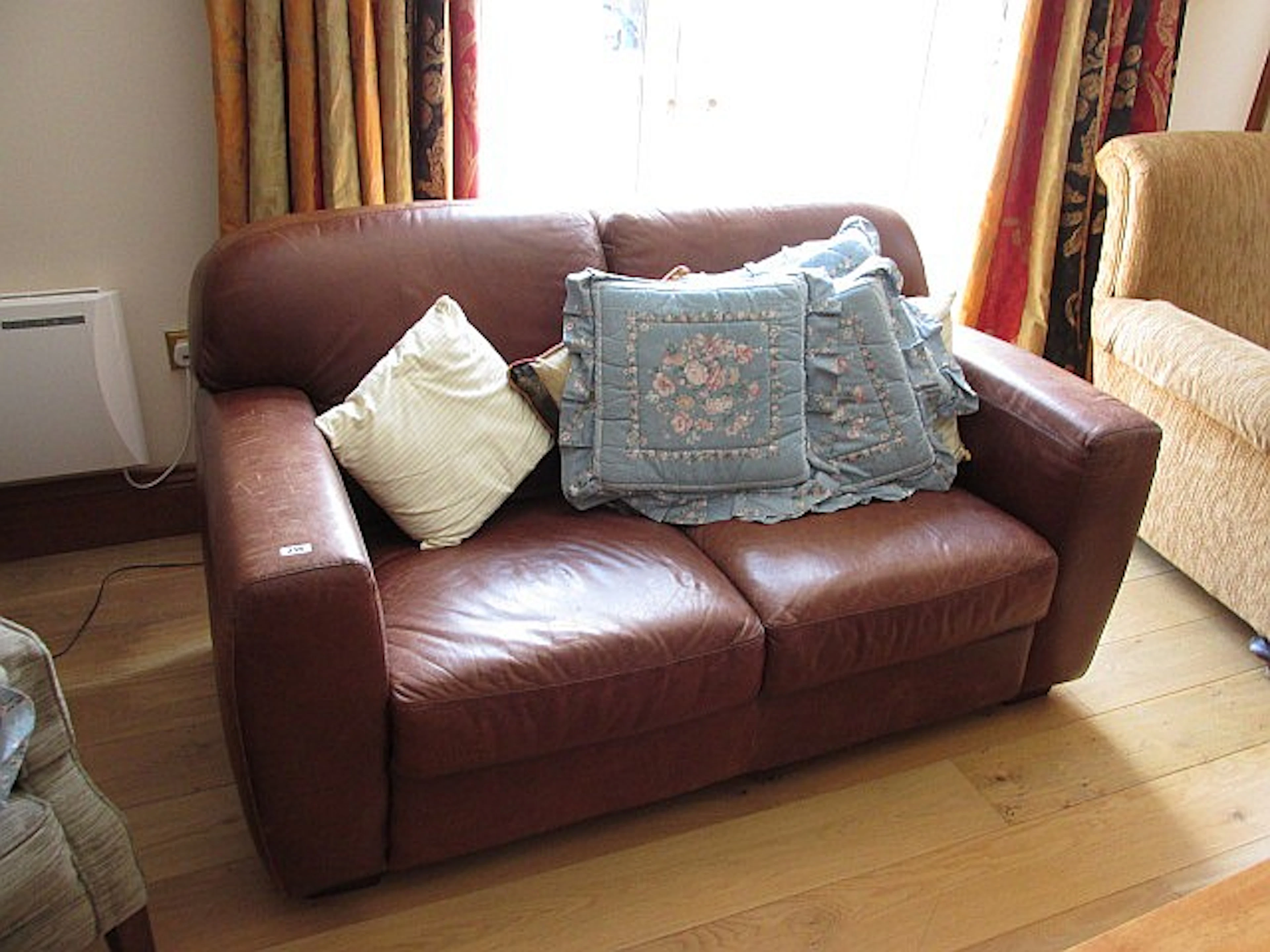 Modern Tan Calf Leather Upholstered Couch