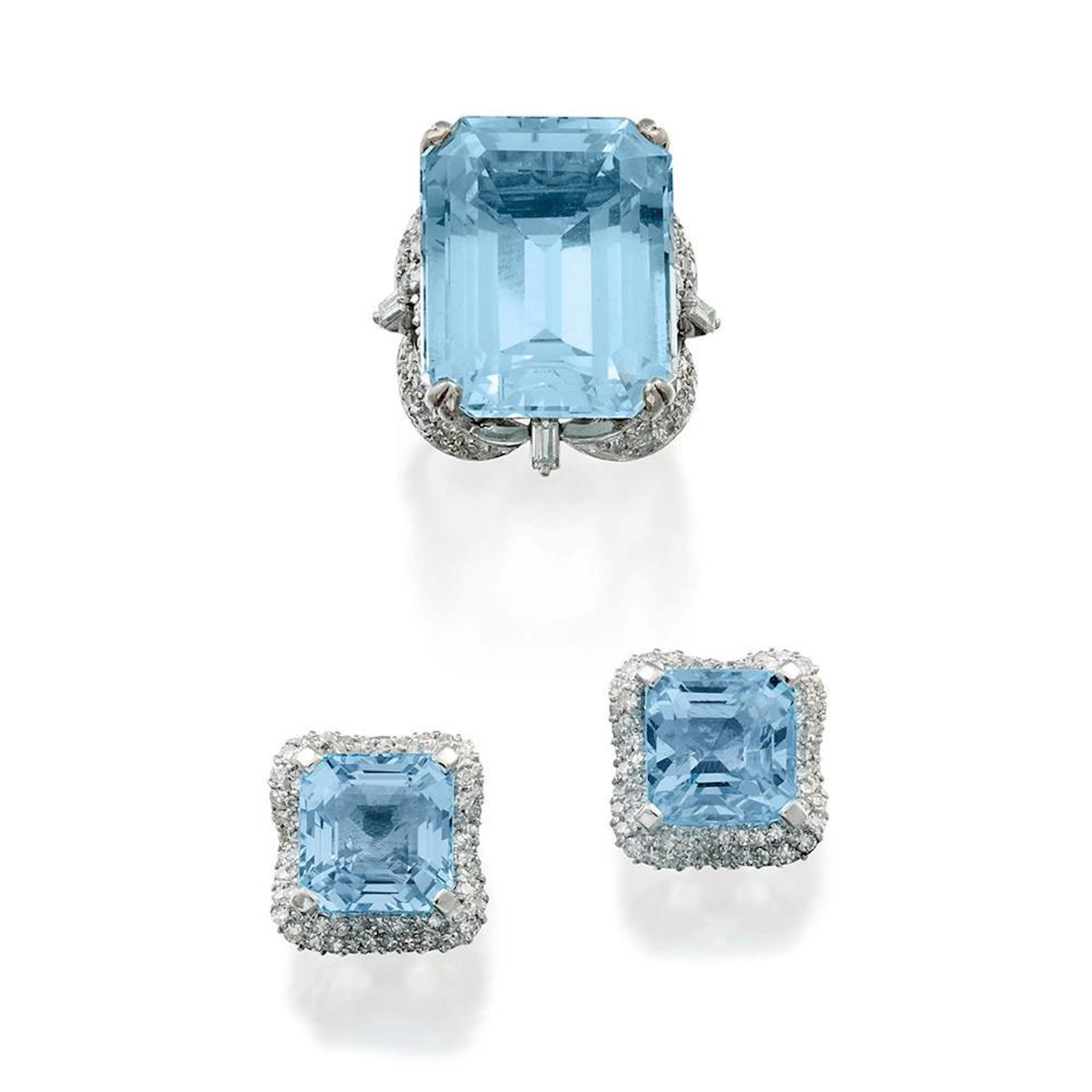 Aquamarine and diamond ring and earring suite