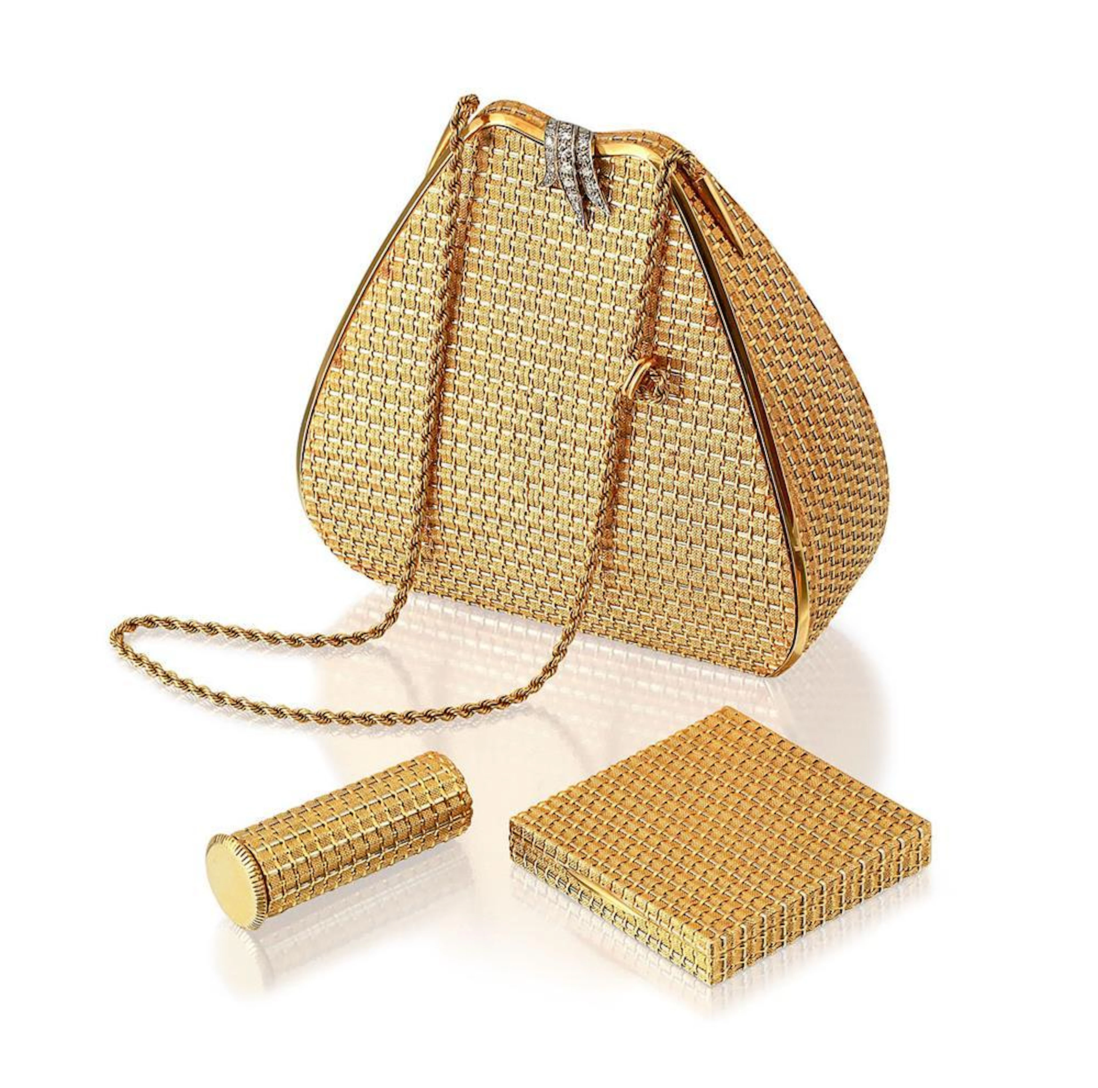 Gold and diamond evening bag and accessories, Asprey & Co., London, circa 1970
