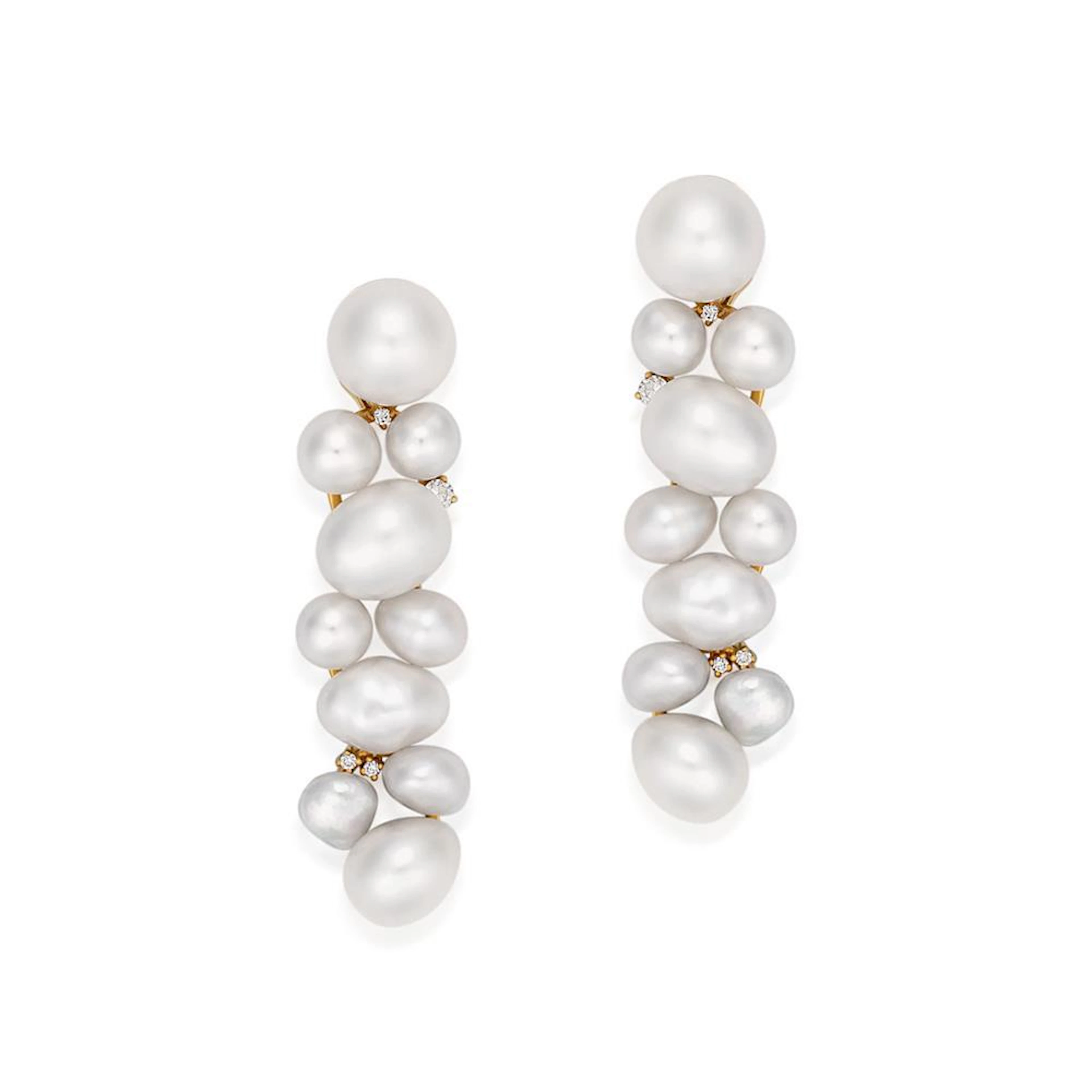Pair of South Sea pearl, South Sea keshi pearl and diamond earrings, Paspaley