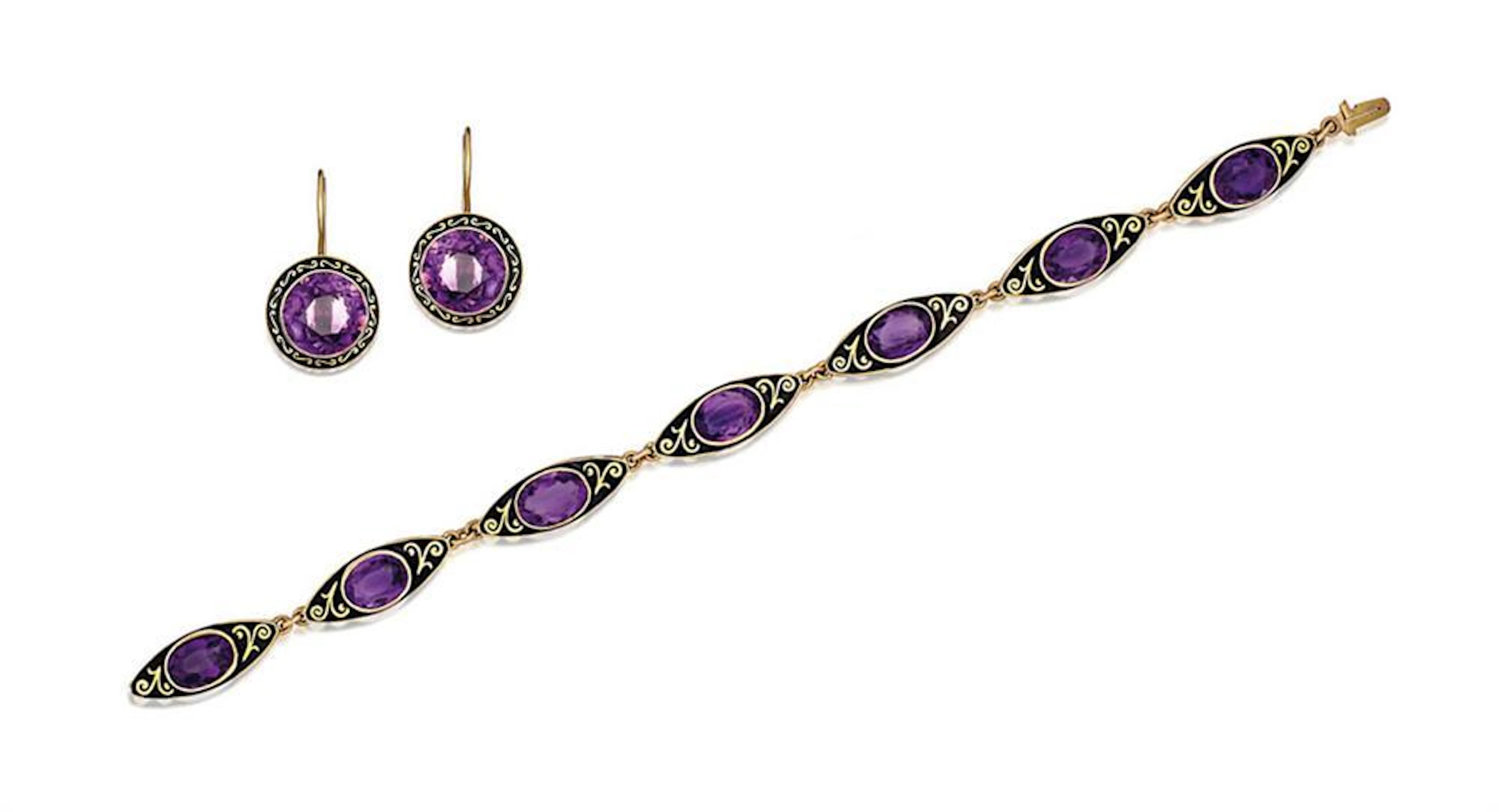 14ct gold, enamel and amethyst bracelet and pair of earrings suite