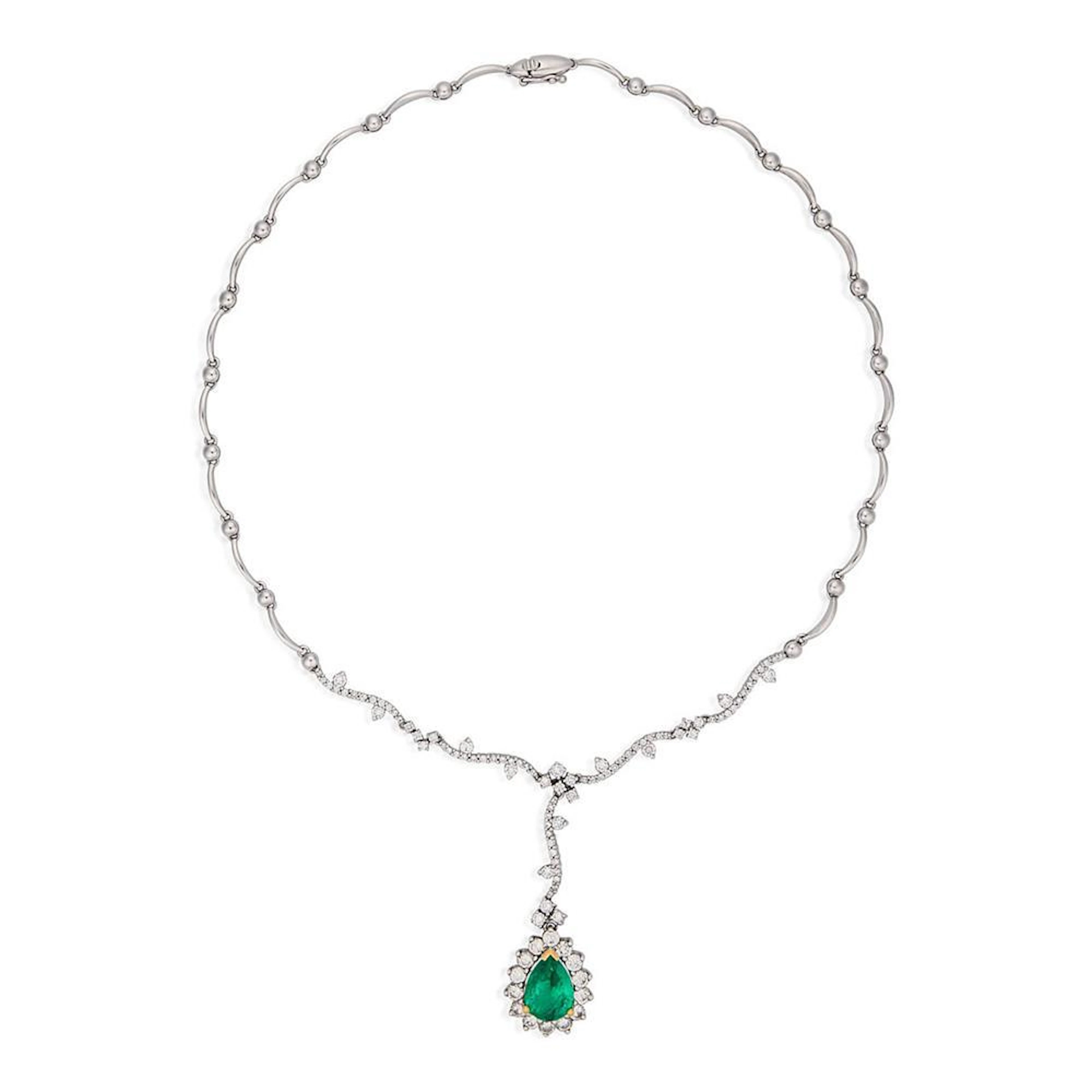 18ct white gold, emerald and diamond necklace