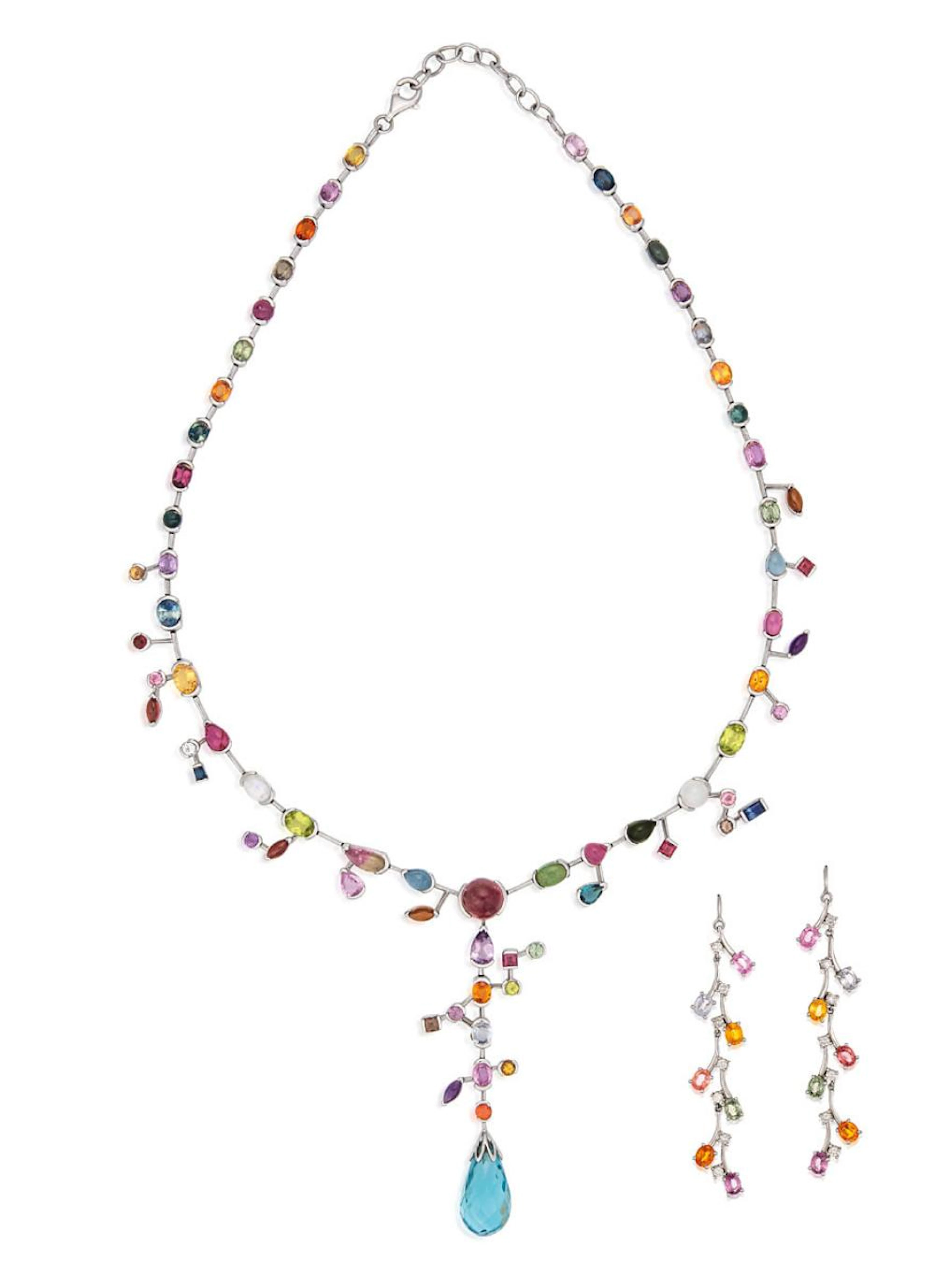 18ct white gold, gem-set and diamond suite