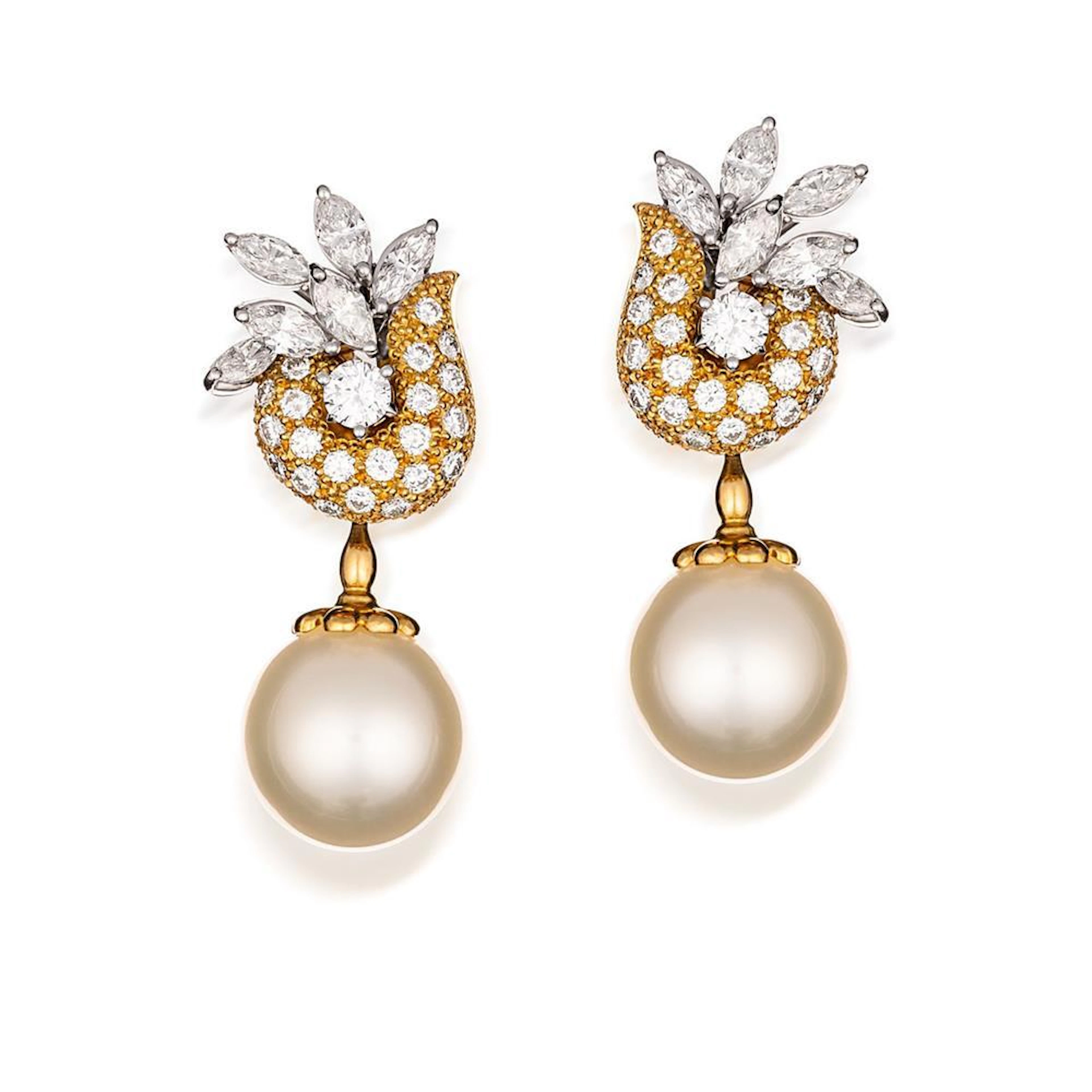 Pair of South Sea pearl and diamond earrings, Paspaley