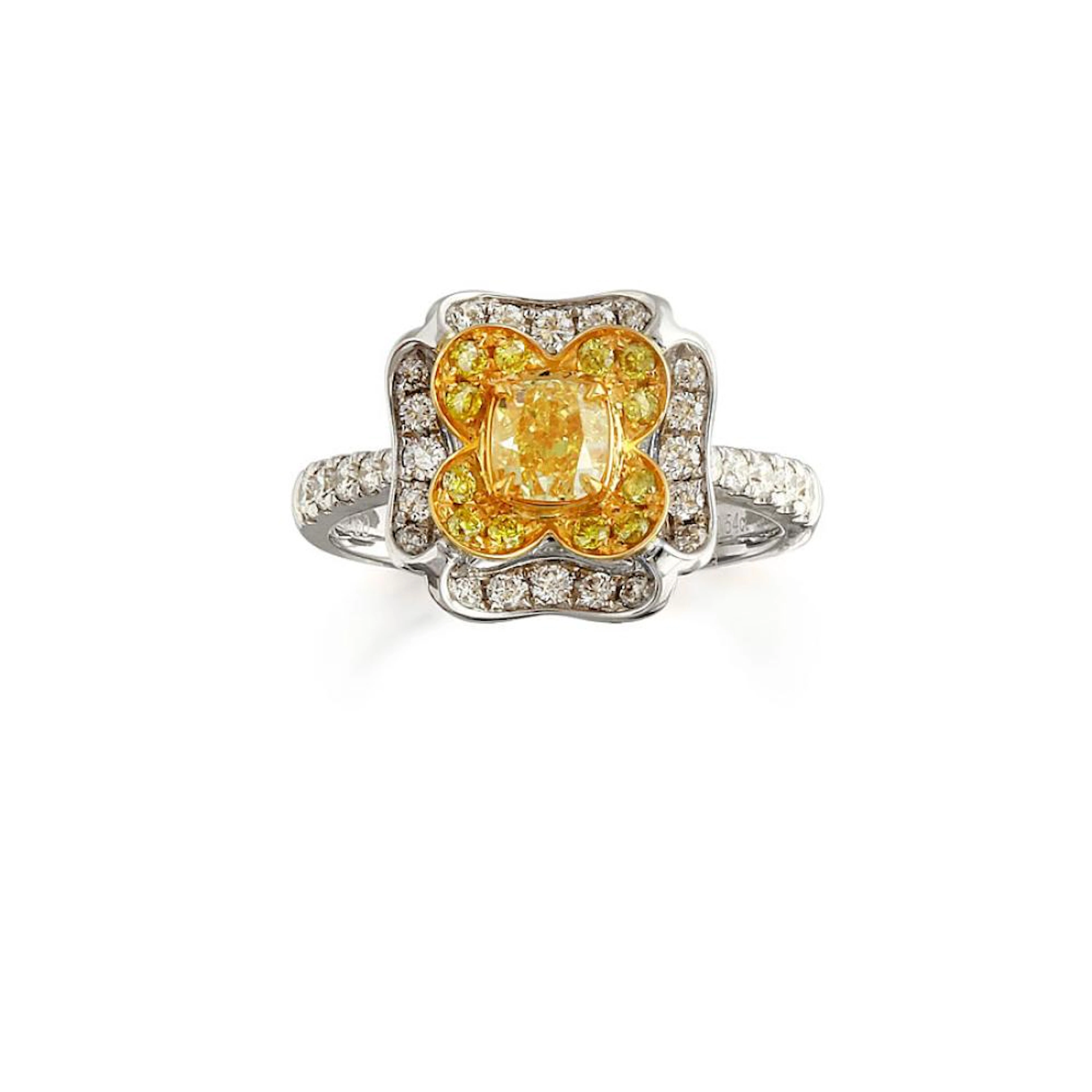 18ct bi-colour gold, natural fancy intense yellow diamond and diamond ring