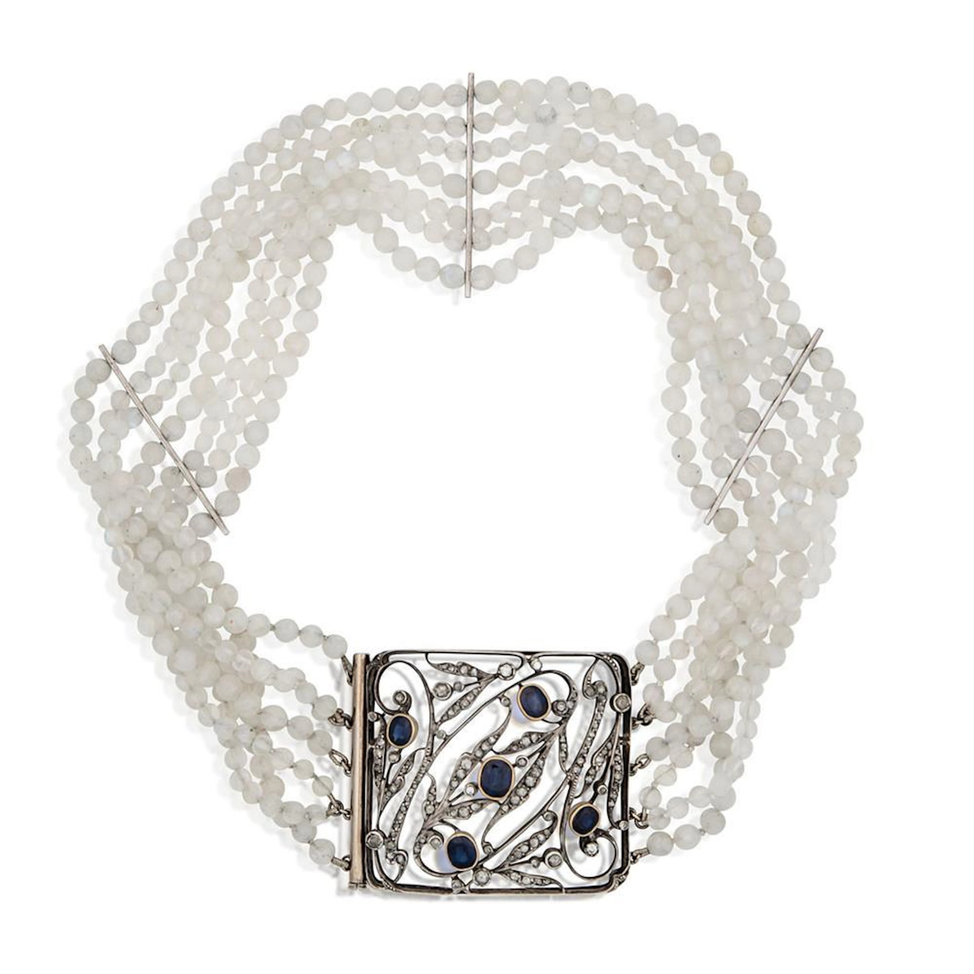 18ct gold, silver, moonstone, sapphire and diamond necklace