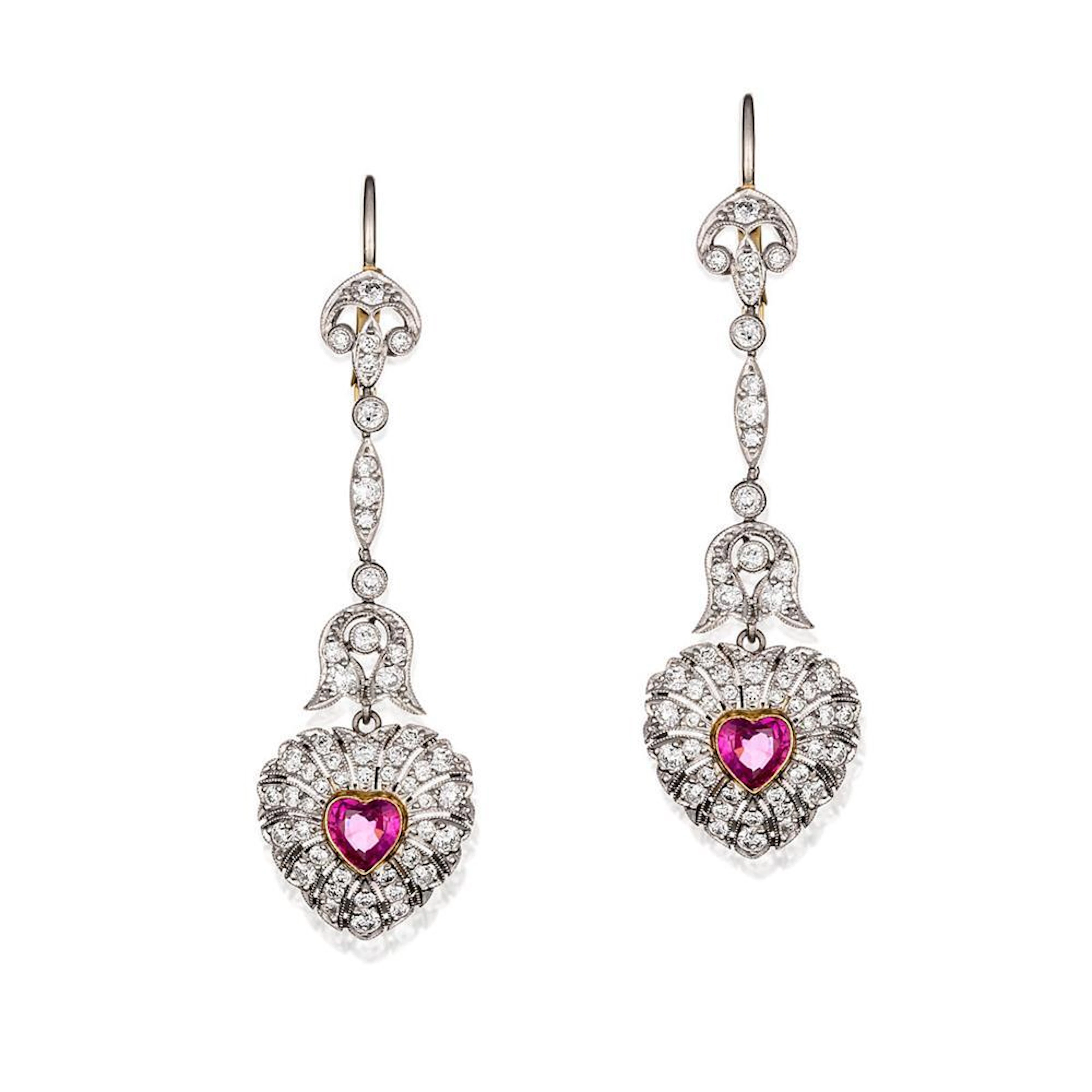 Pair of 18ct yellow gold, platinum, pink sapphire and diamond earrings