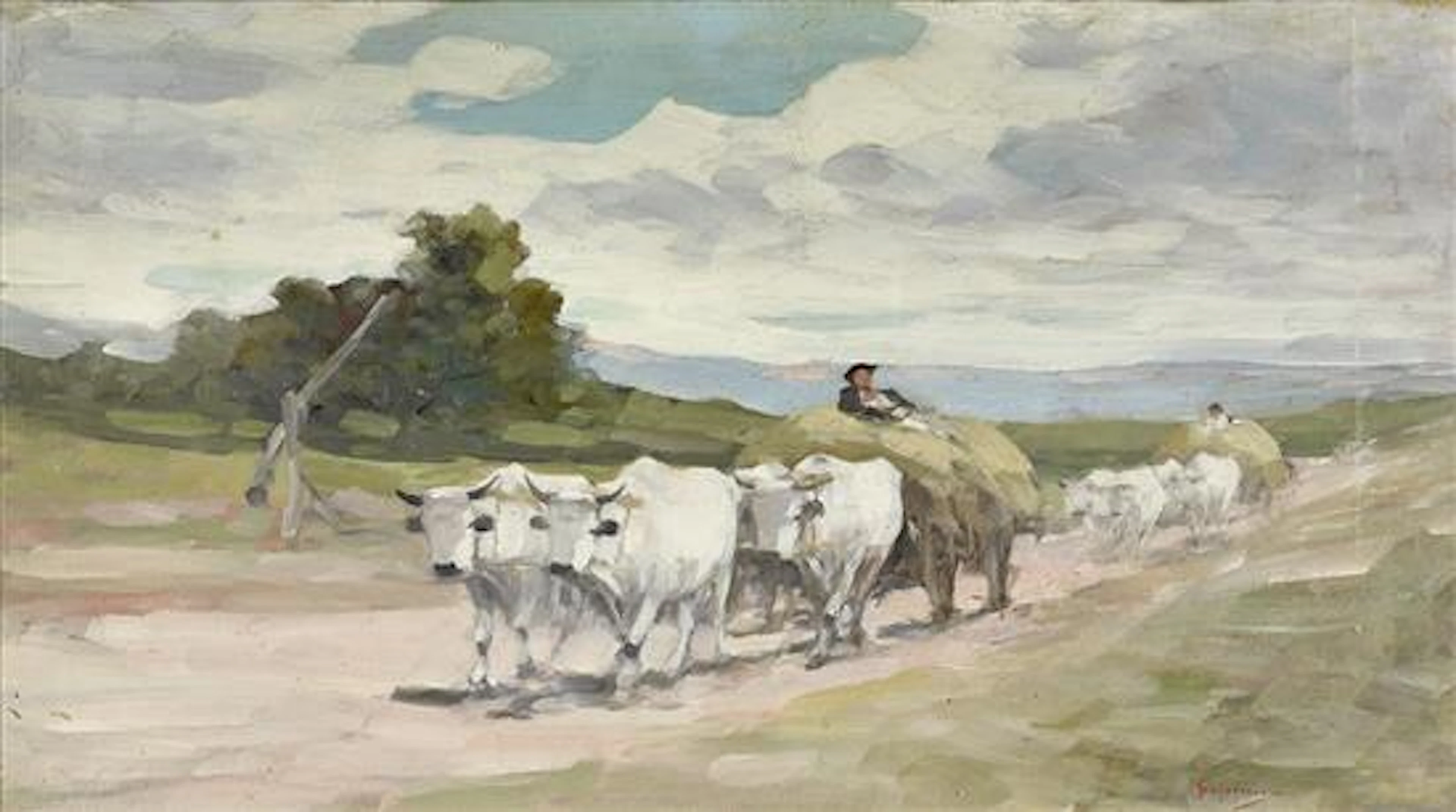 NICOLAE GRIGORESCU 1838-1907 (Hay Carts) oil on wood panel 34.5 x 61.8 cm