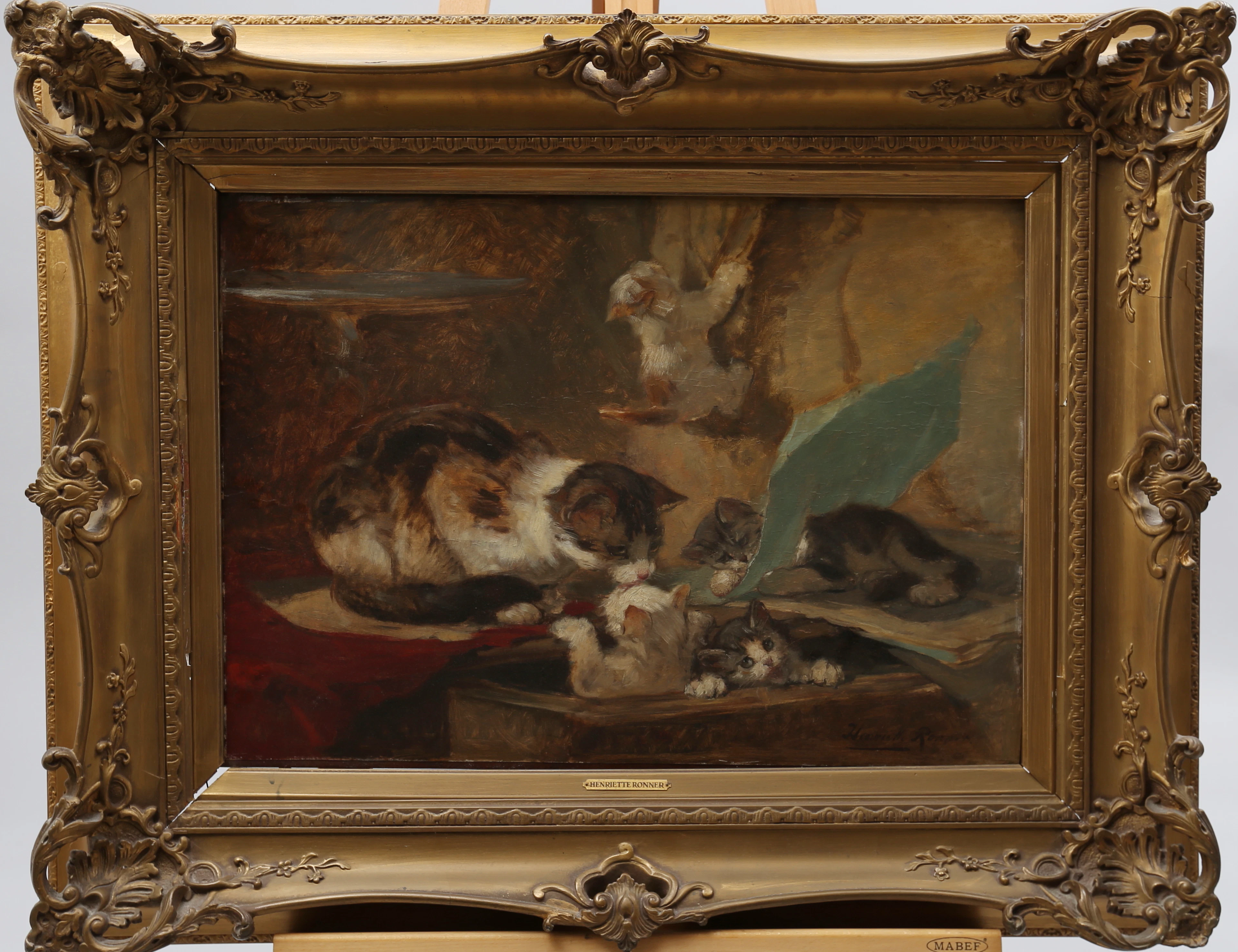 HENRIETTE RONNER-KNIP, (1821 AMSTERDAM- BRÜSSEL 1909). Katzenmutter mit ihren vier spielenden Katzenkindern.