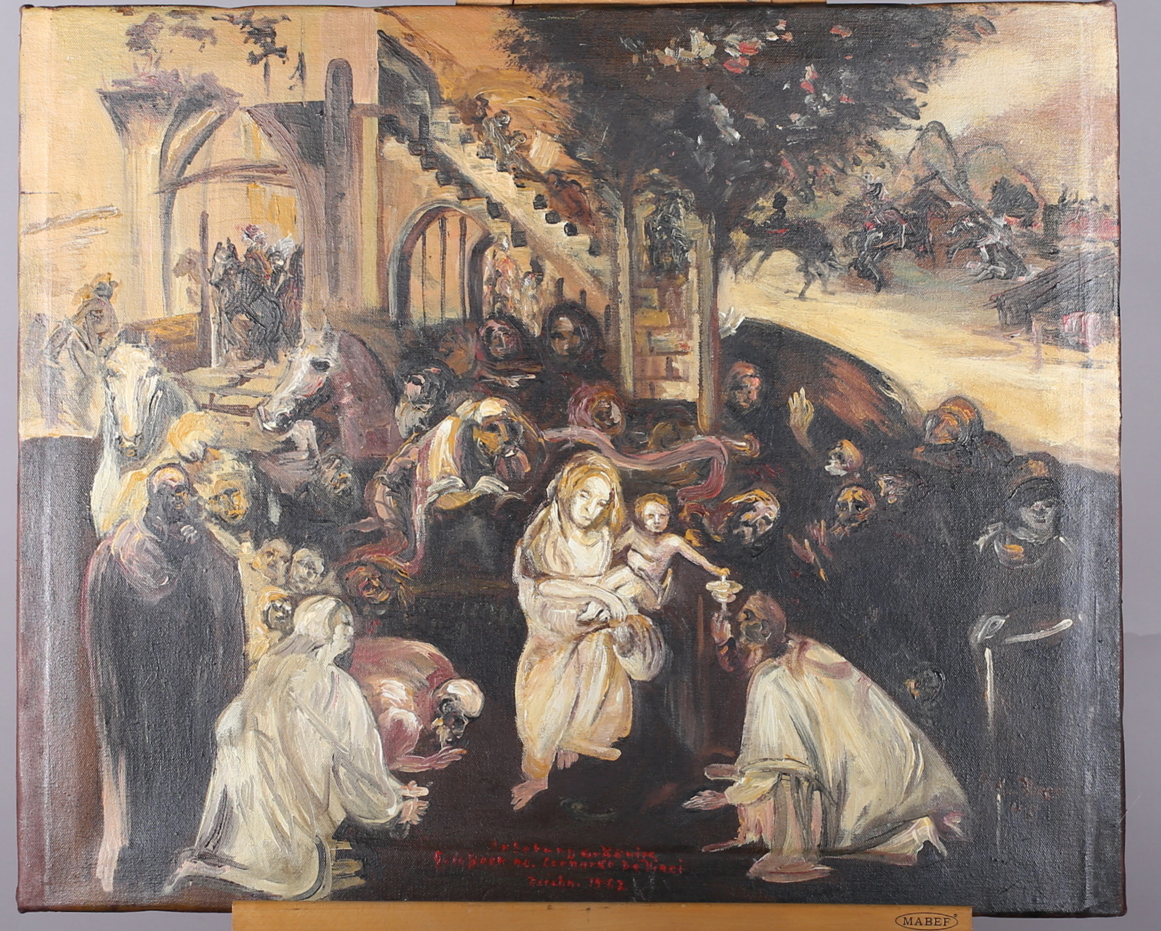 LEONARDO DA VINCI. Nach. Öl auf Leinwand, "Adorazione dei Magi".
