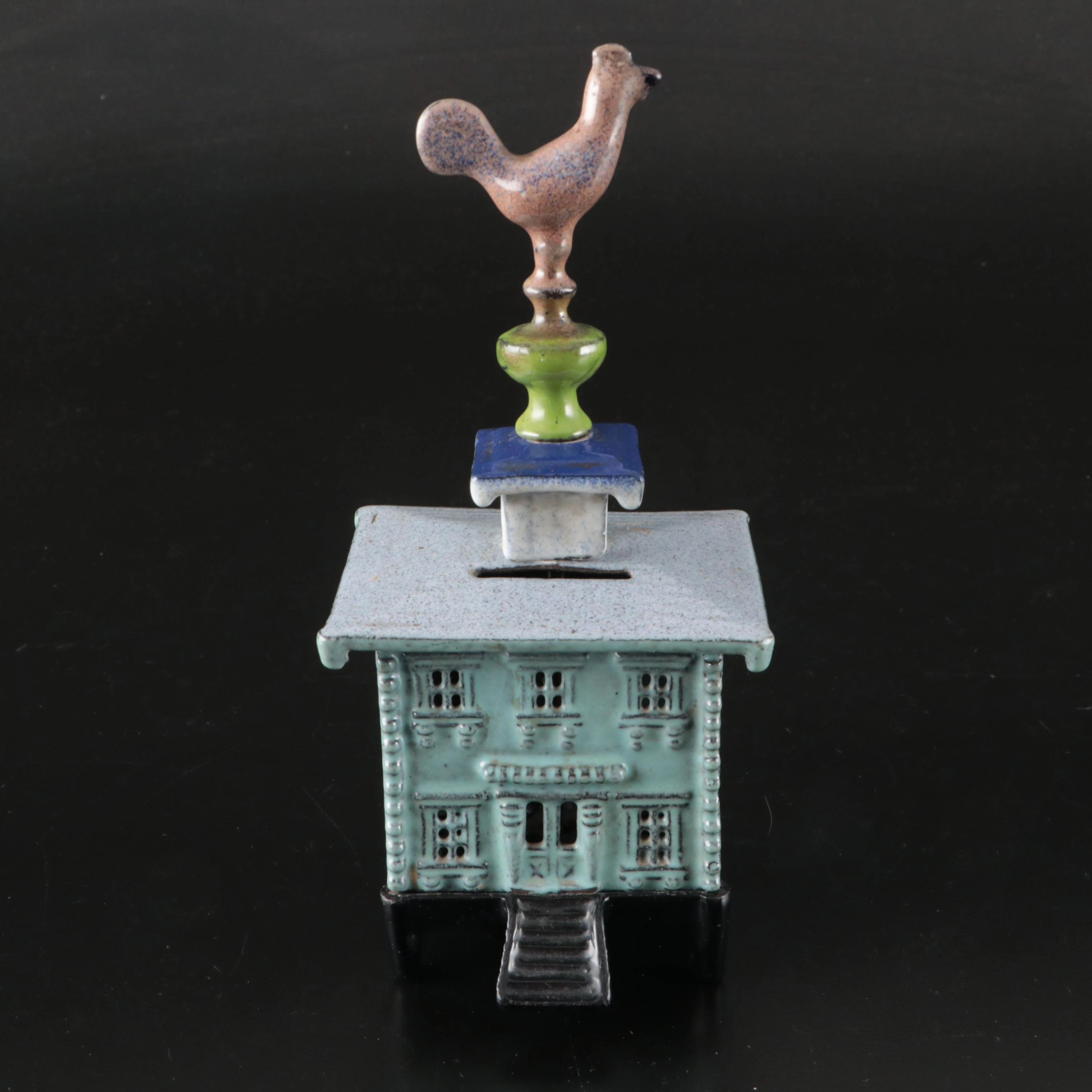 French Cast Iron Caisse with Rooster Finial Coin Bank, Early 20th Century
