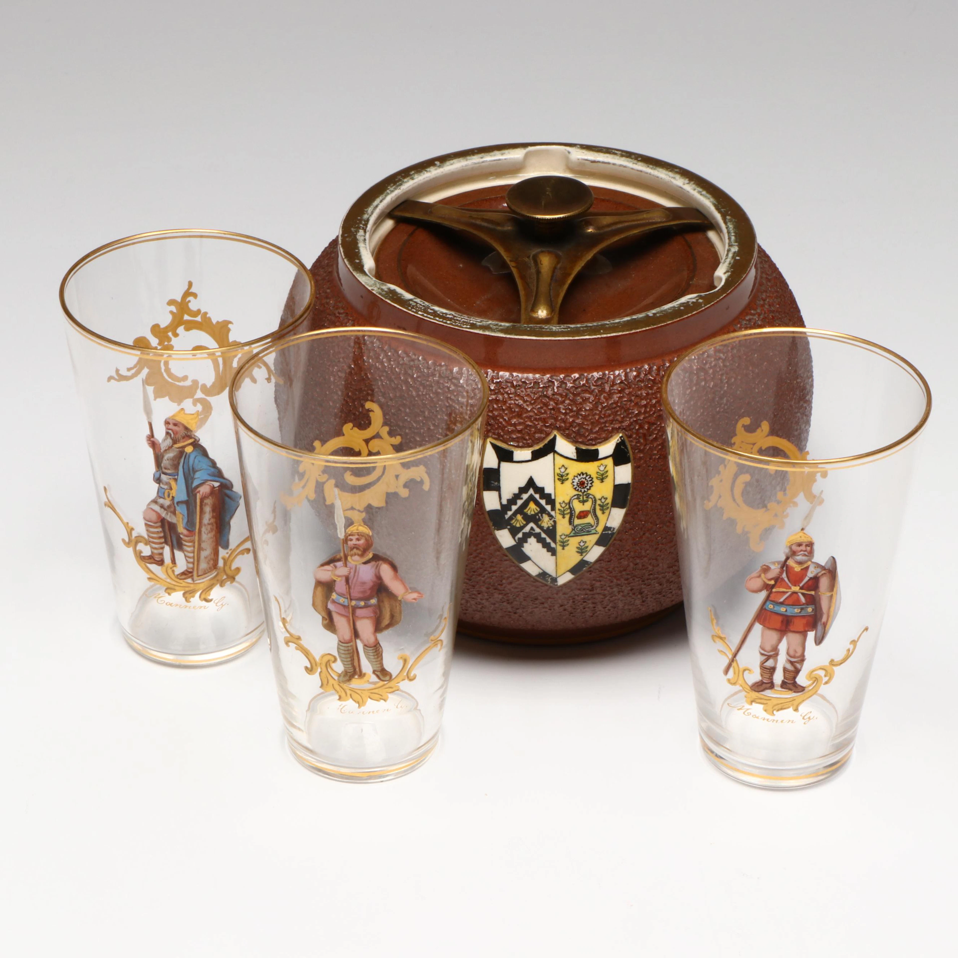 Bacon Bros Cambridge Crest Tobacco Box with Josephinehutte Glasses, Mid 20th C.