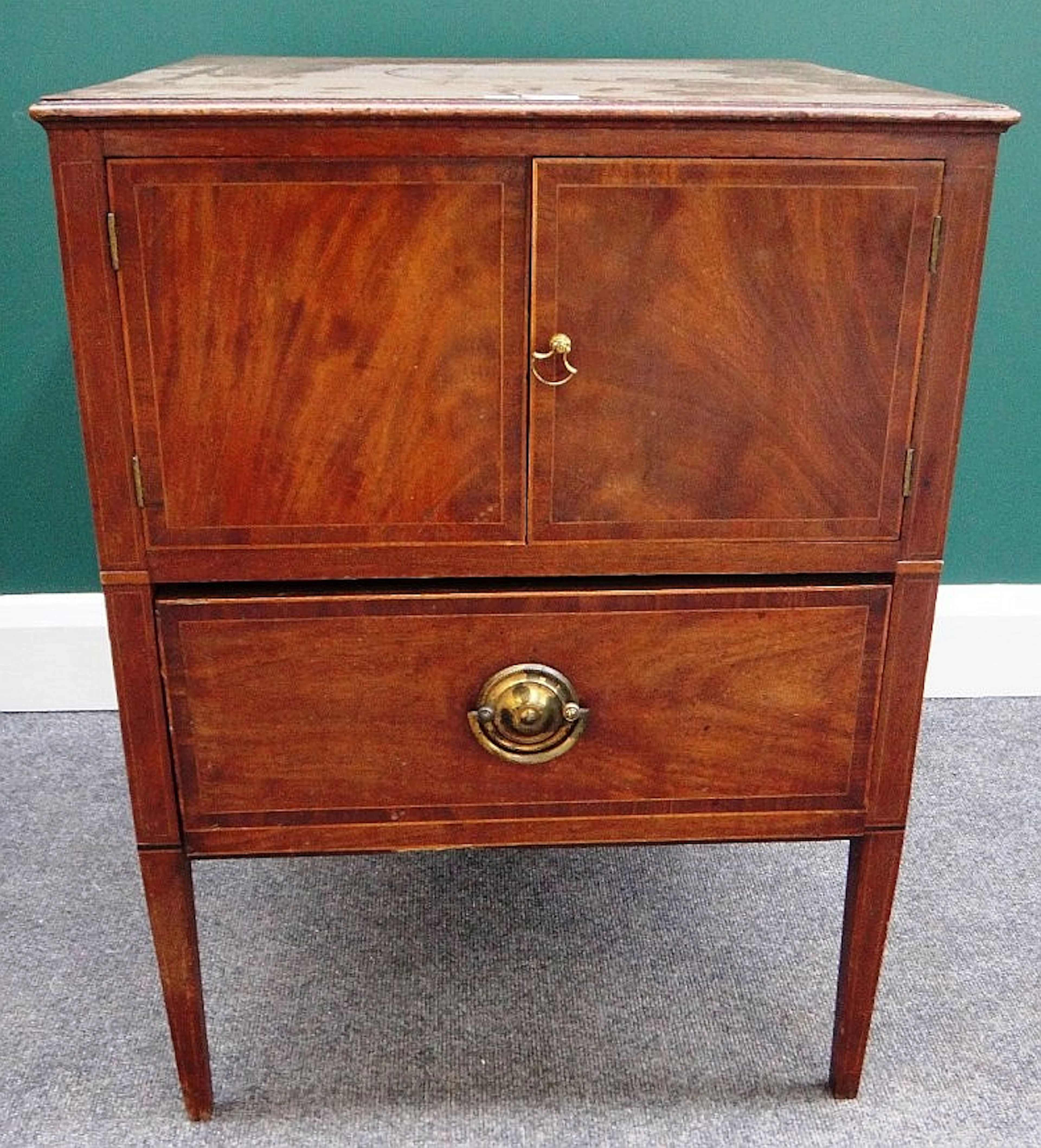 A George III inlaid mahogany night stand, with pair of cupboards over singl