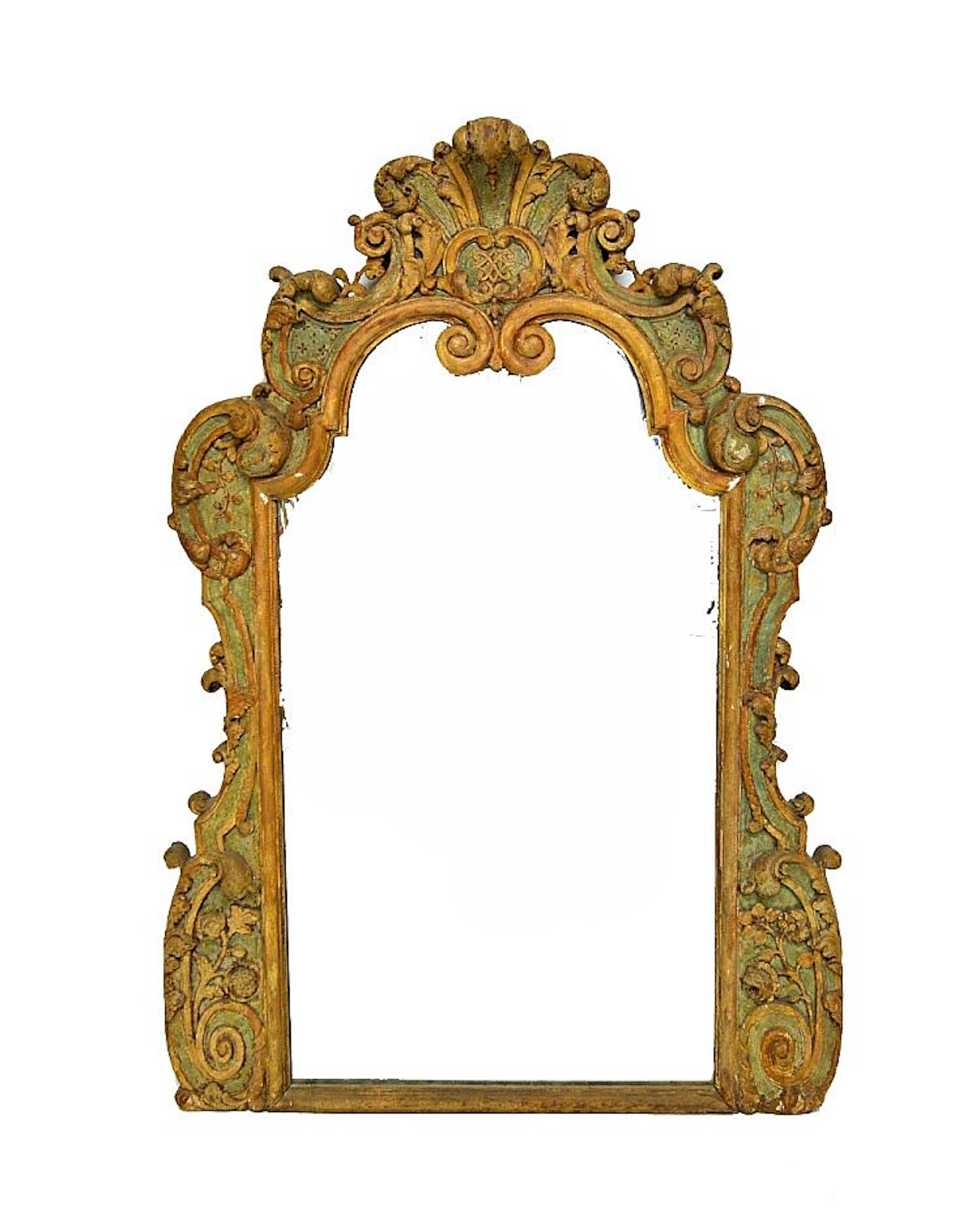 An 18th century Italian gold and green painted thick set wall mirror, with