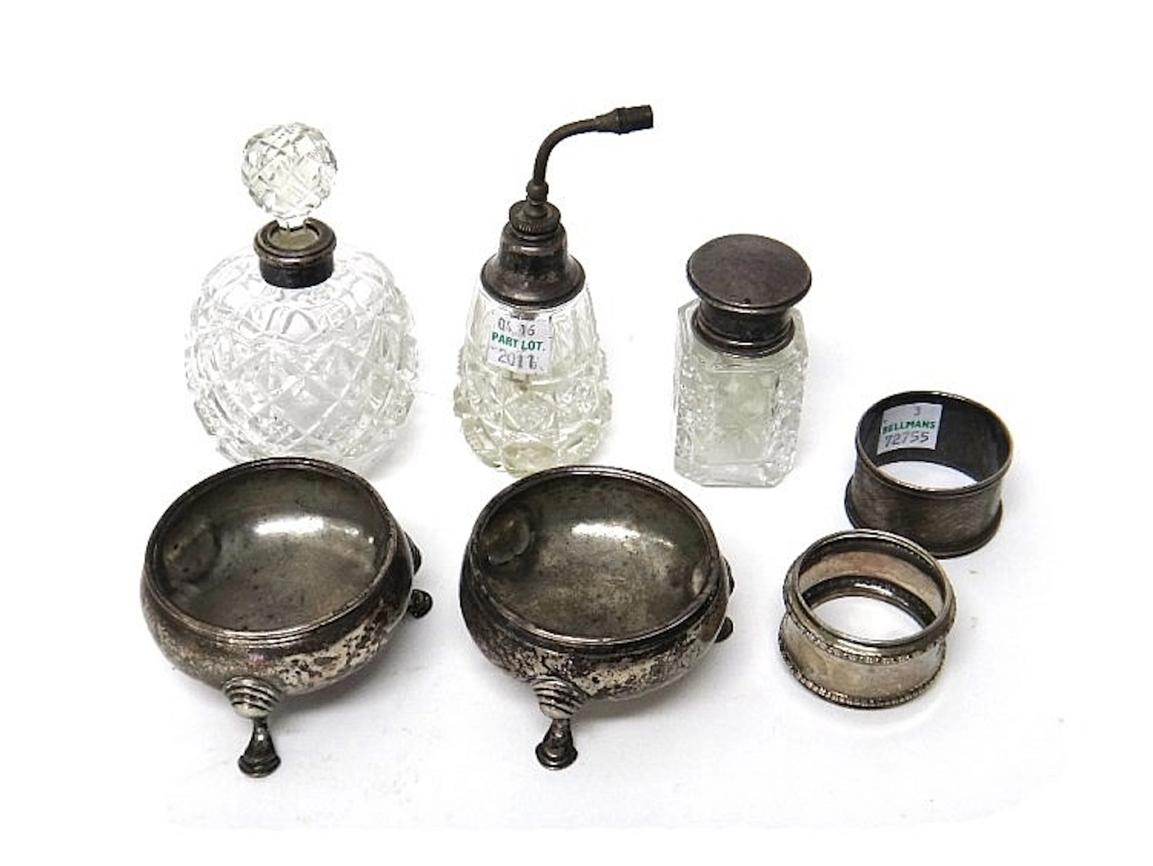 Silver and silver mounted glass wares, comprising; a pair of George II circ