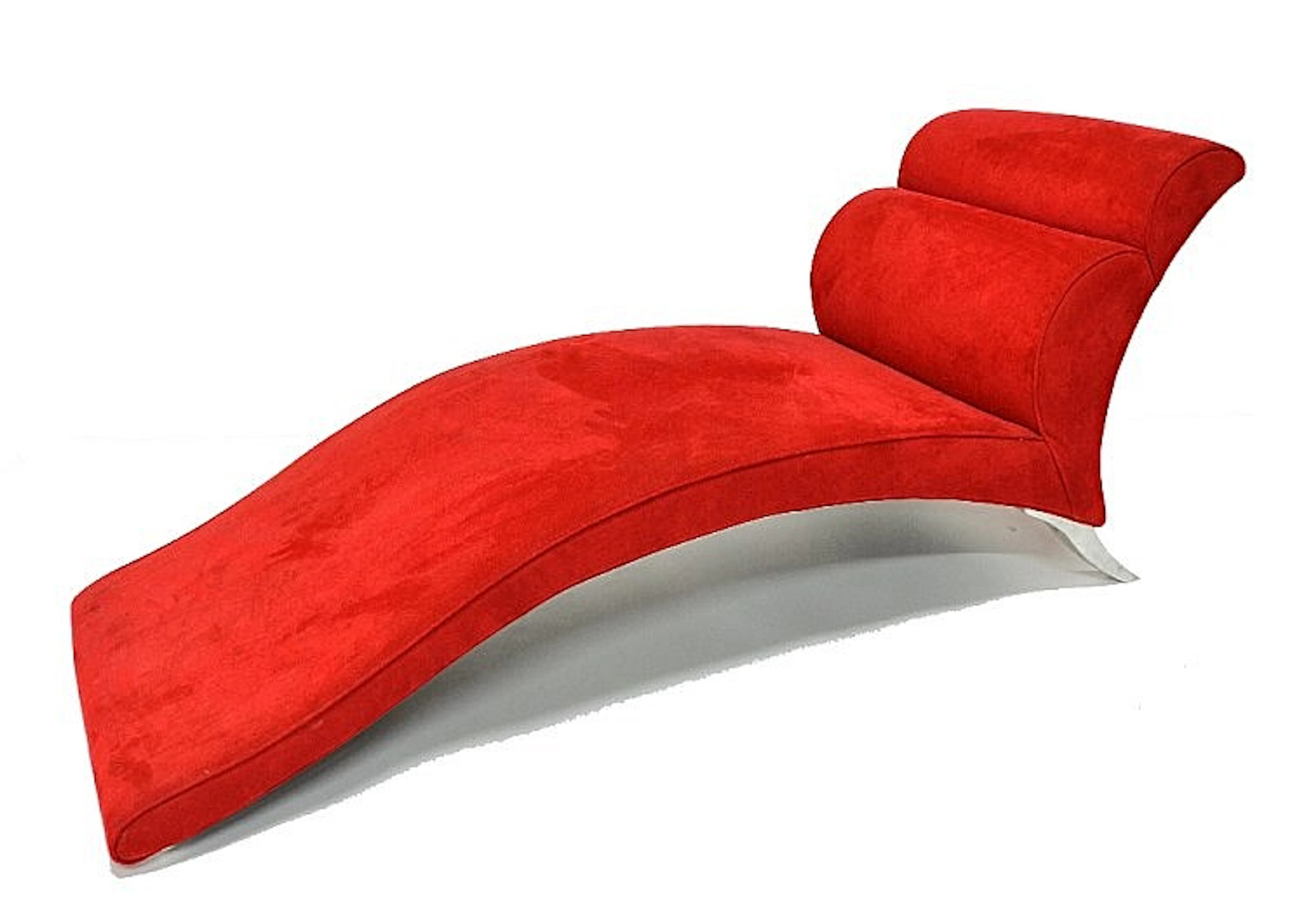 A 20th century red suede upholstered chaise longue on splayed chrome suppor