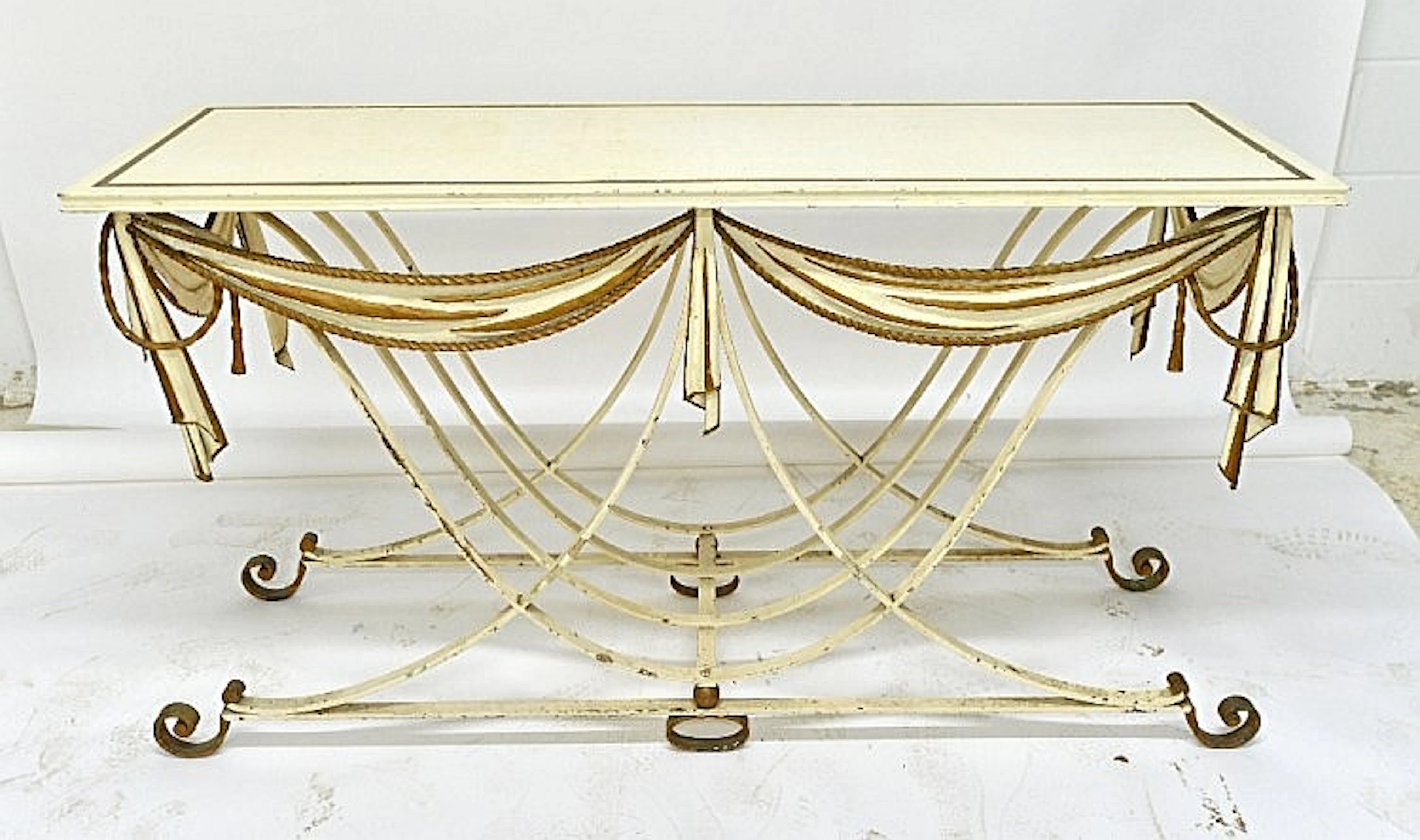 A late 19th century cream painted parcel gilt console table, the rectangula