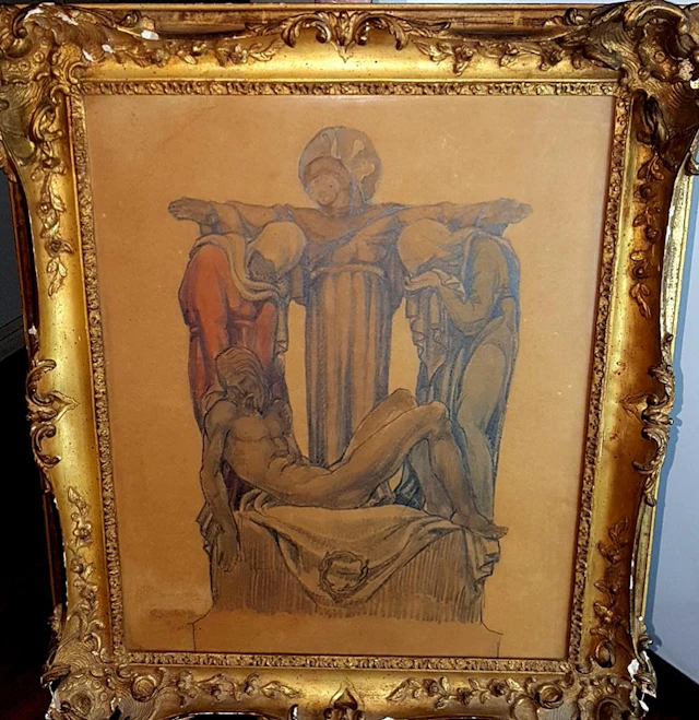 Old religious oil painting drawing illegible signature. Paris 1923 m