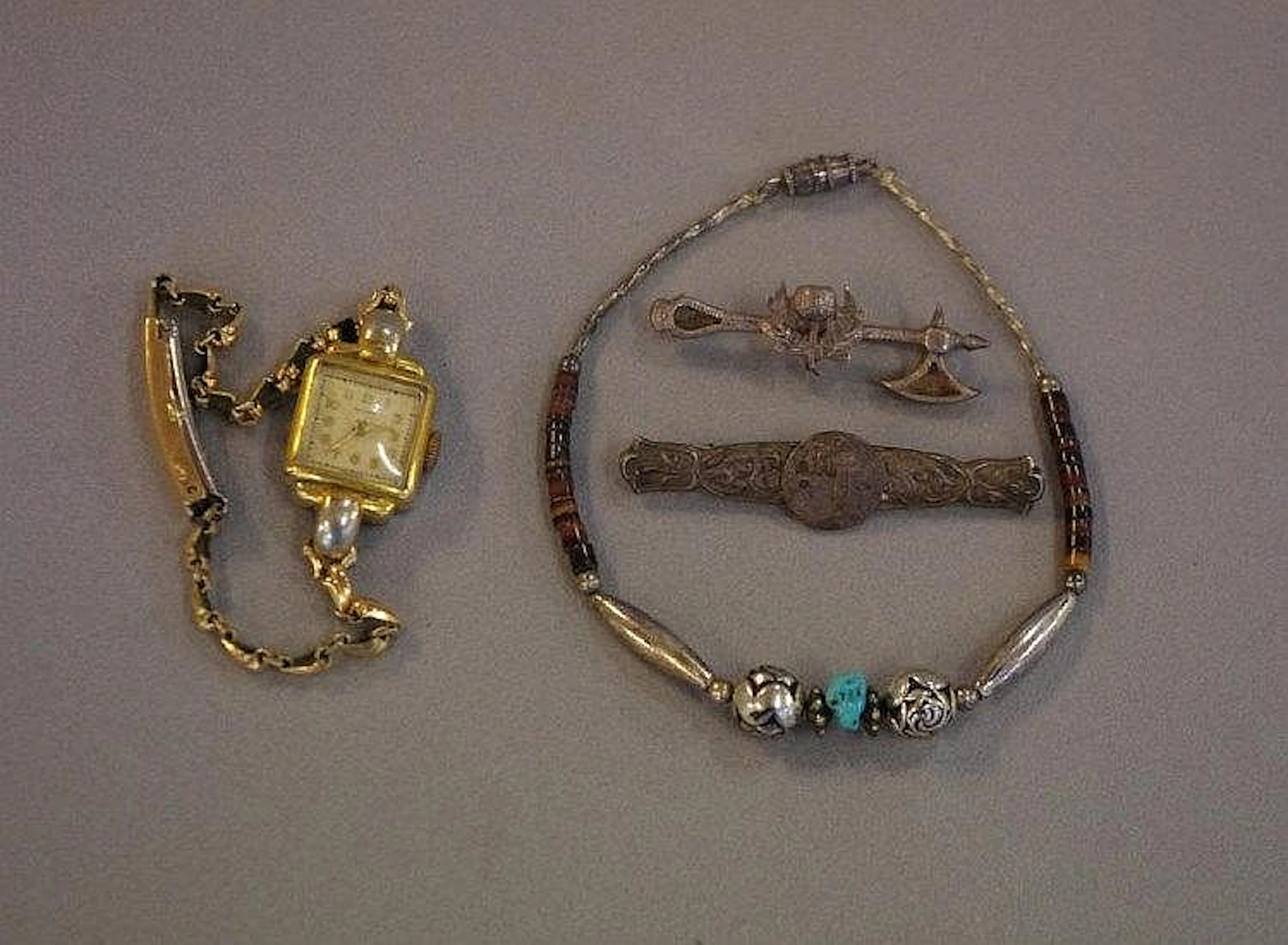 Two brooches, a bangle & ladies watch including