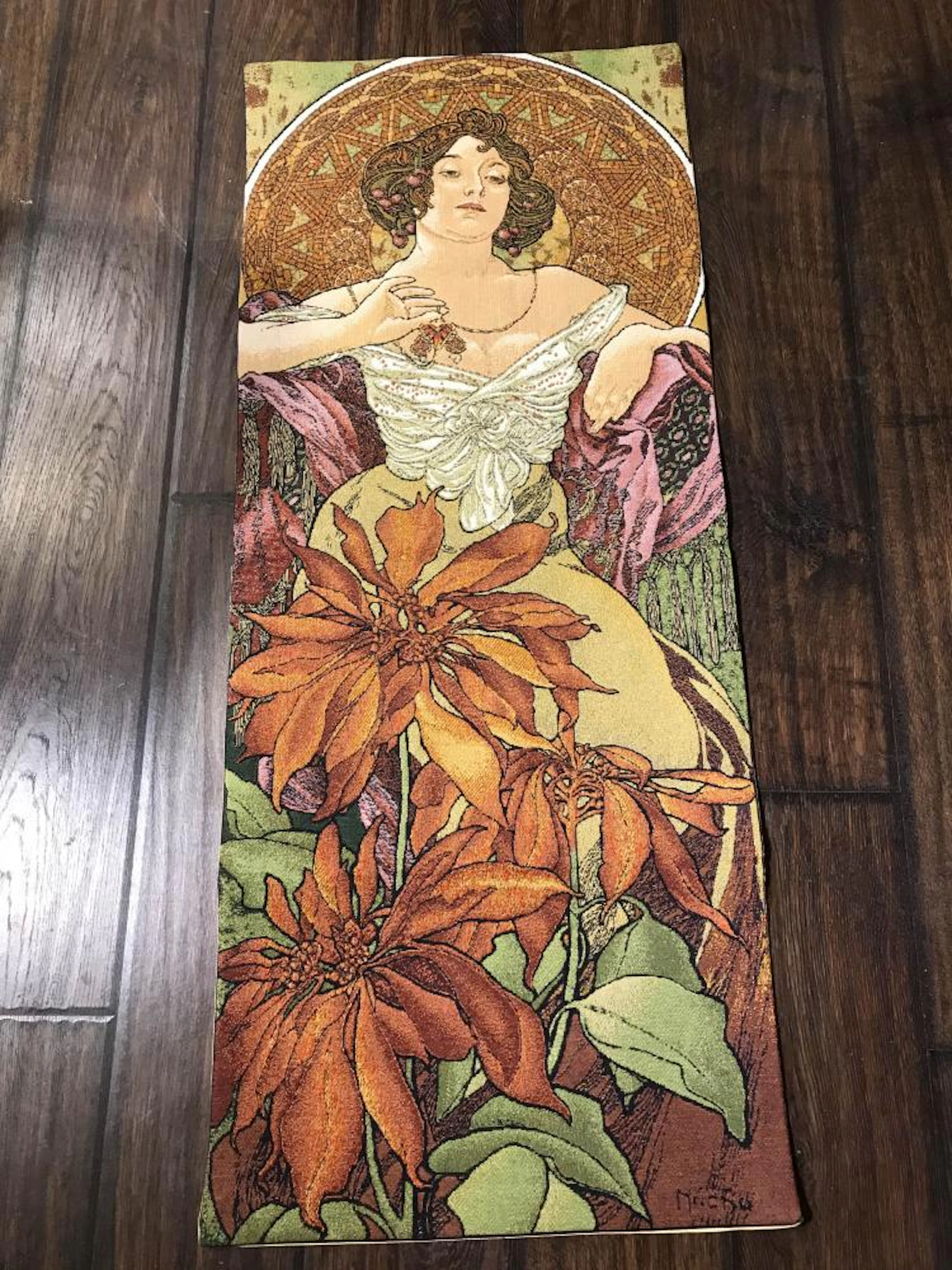 Tapestry of Alphonse Mucha Art of Woman w/ Flowers