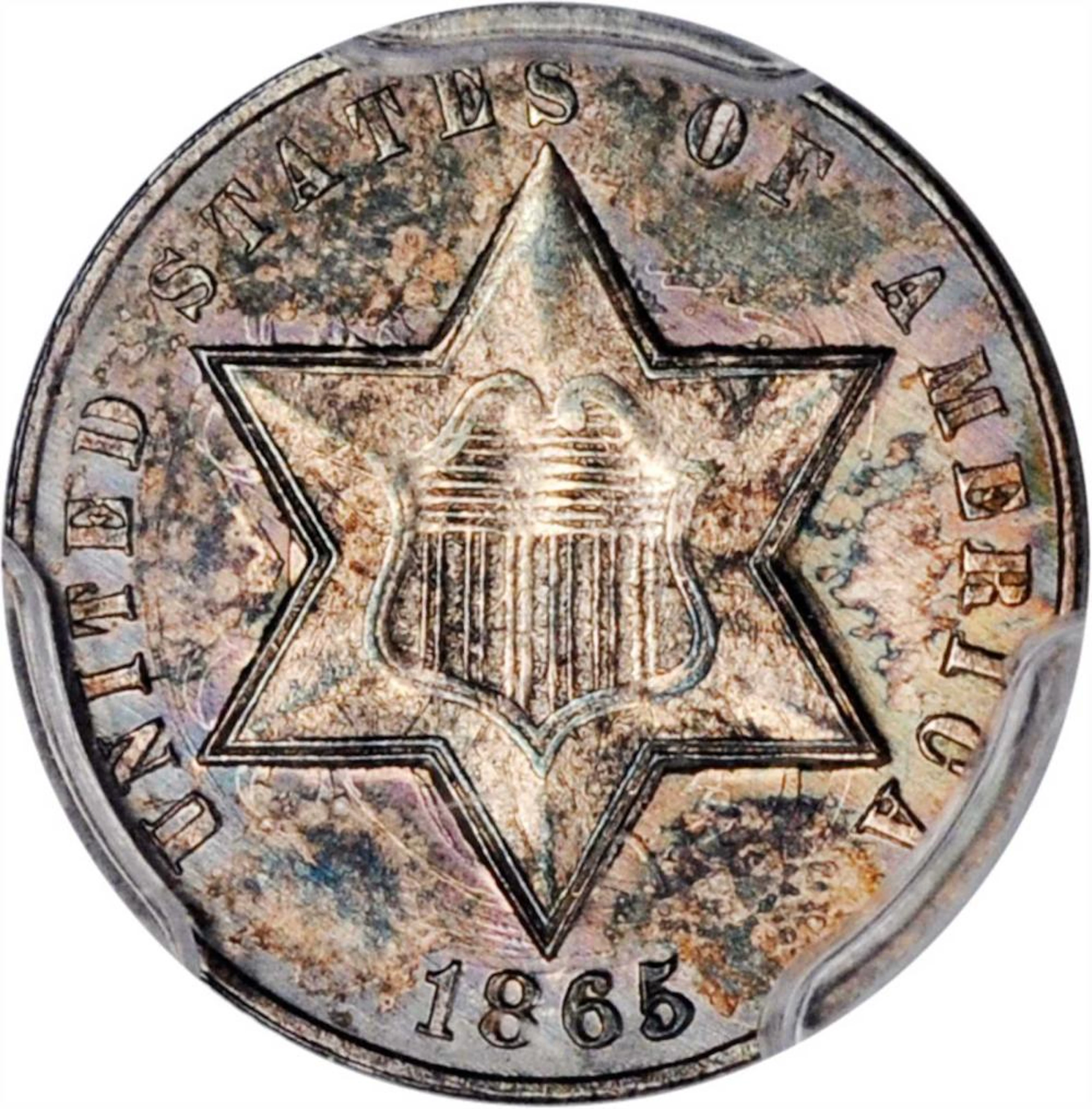1865 Silver Three-Cent Piece. MS-64 (PCGS).Coin. Coin.