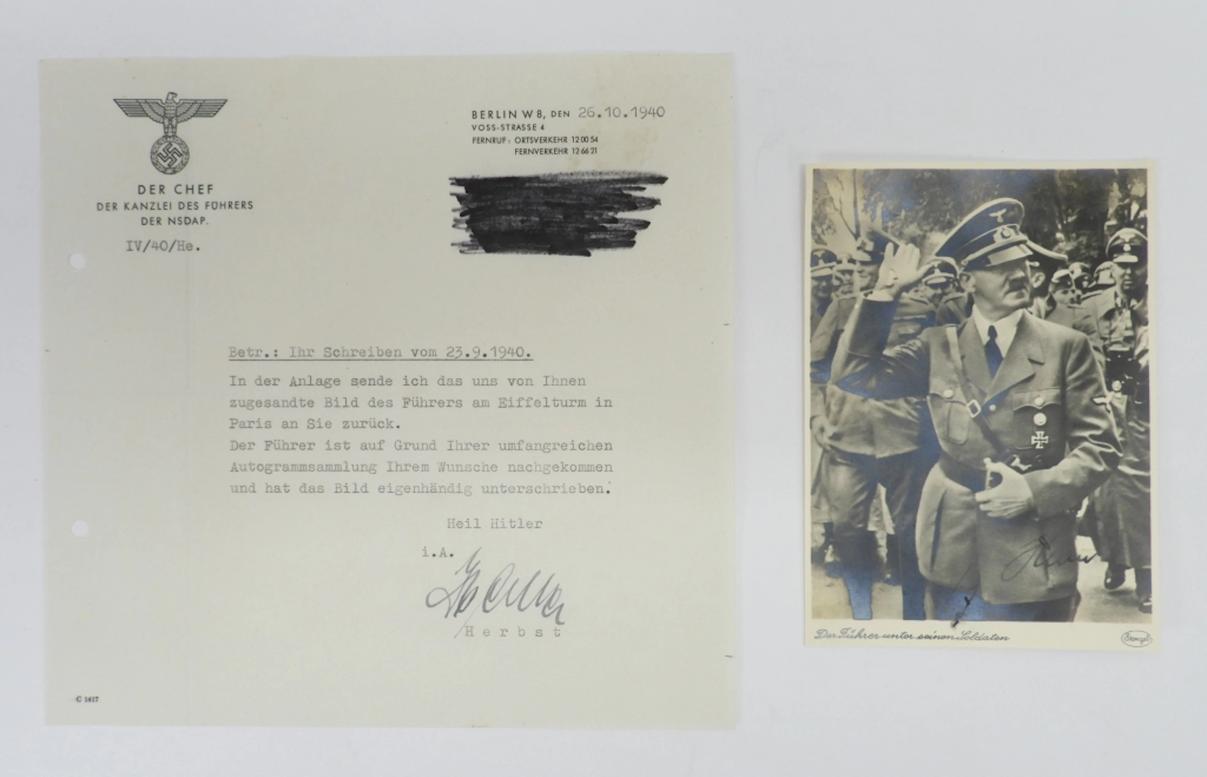 Adolf Hilter-signed Postcard and Letter