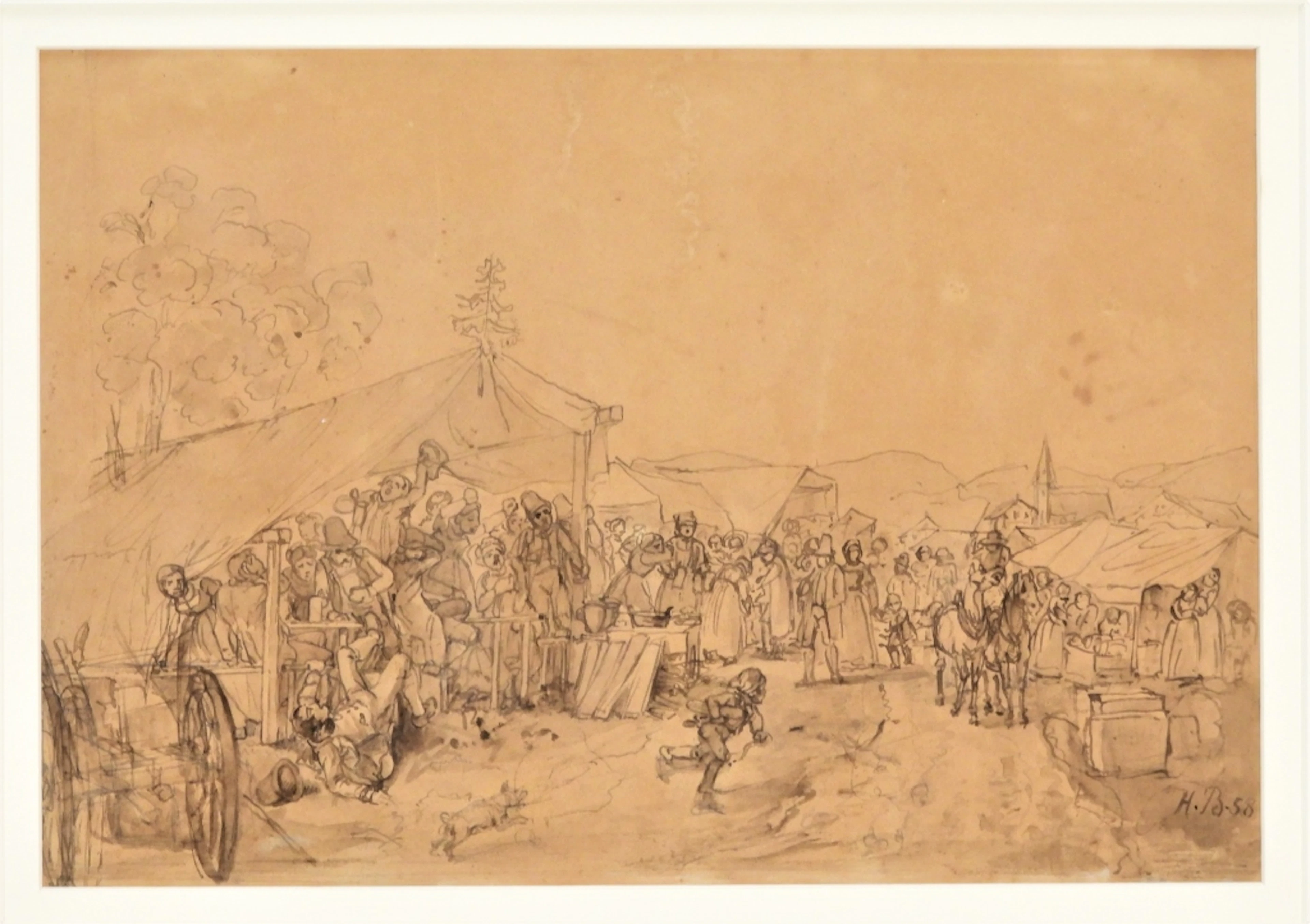 Heinrich Burkel Farmers Market Ink Drawing - Heinrich Burkel
