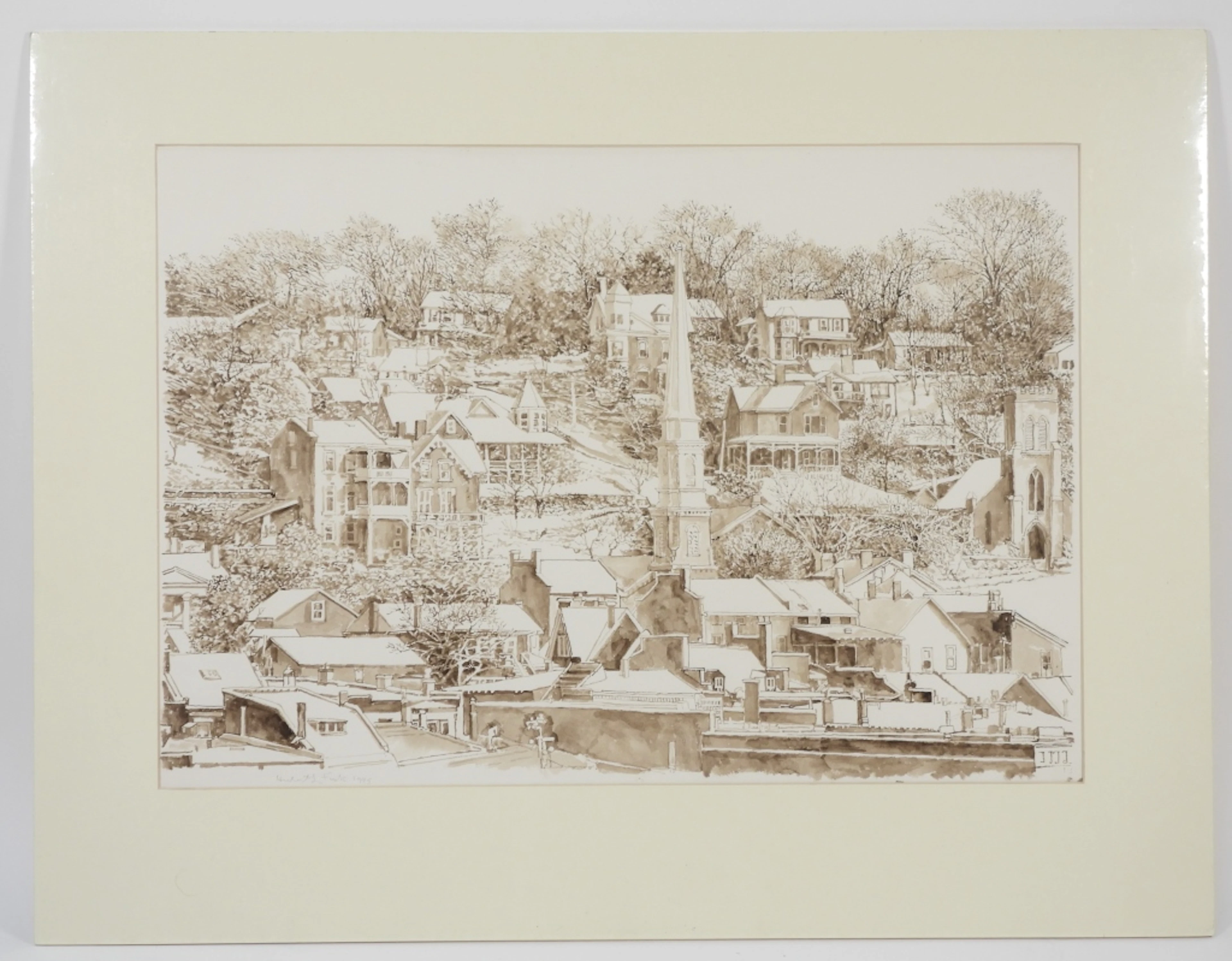 Herbert Fink Town Landscape Ink Drawing - Herbert Fink