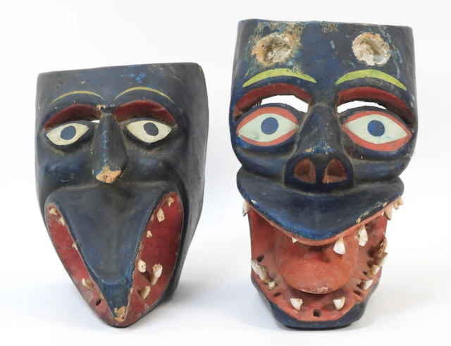 2PC Mexican Painted Carved Wood Masks