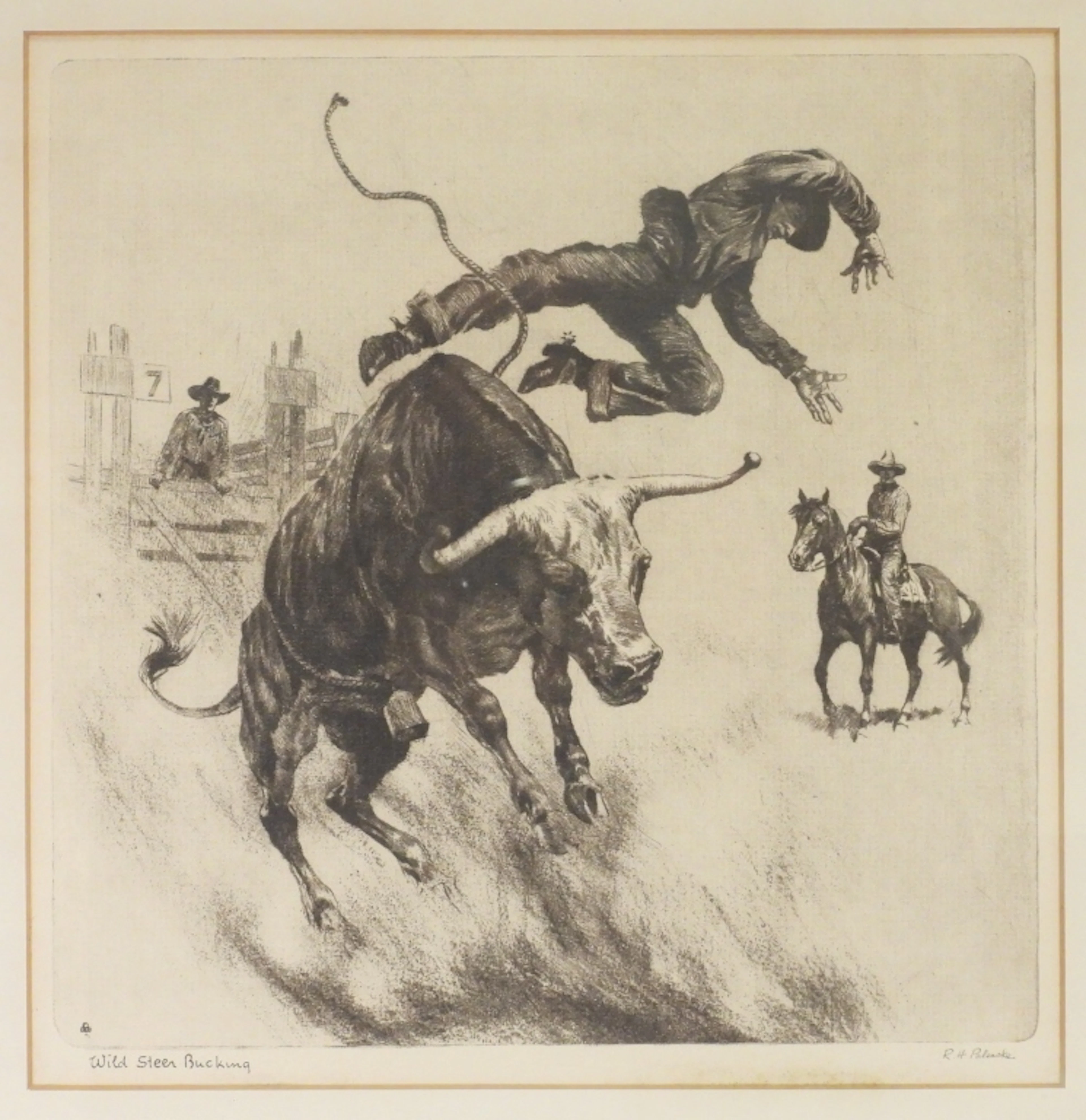 Reinhold H. Palenske Wild Steer Bucking Etching - Reinhold H. Palenske