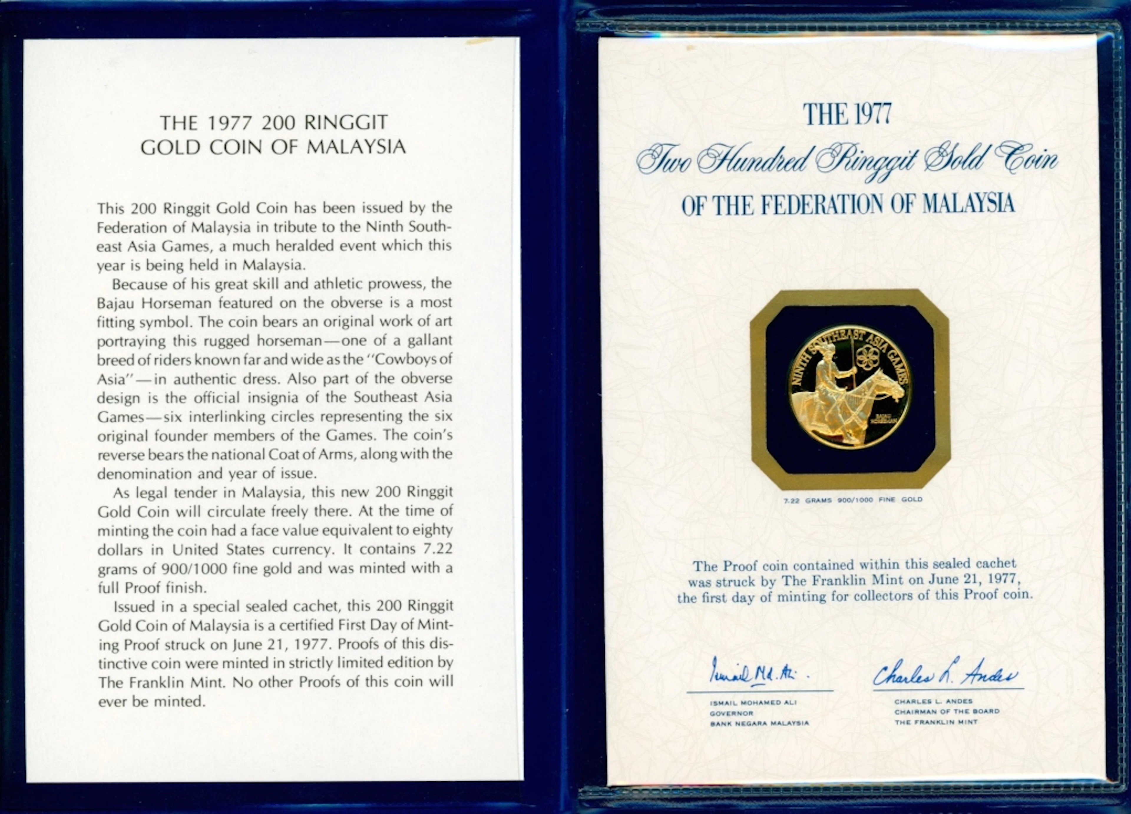 1977 Malaysia 200 Pinggit Gold Proof Coin - Franklin Mint